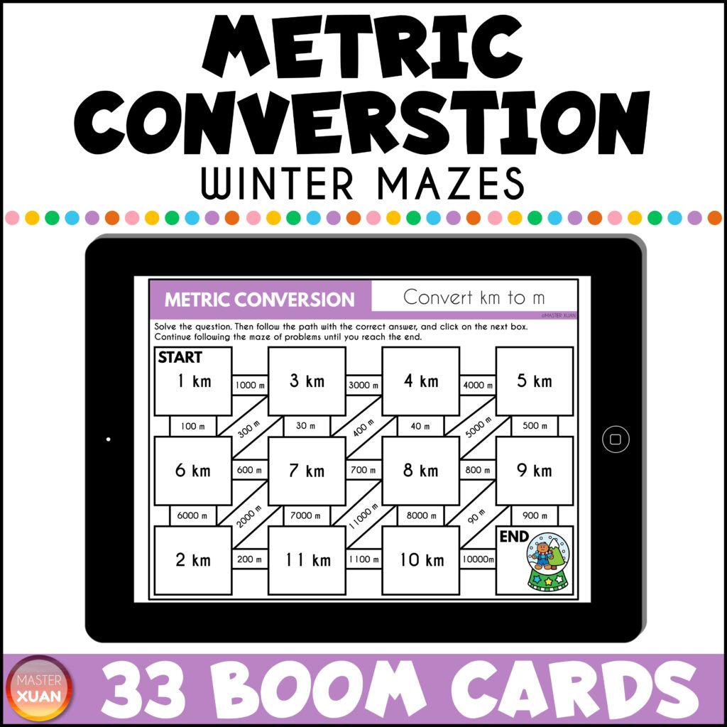 Metric conversions practice winter mazes has 33 boom cards - digital task cards.