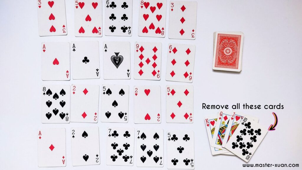 Make Ten Card Game Setup - Students place 20 playing cards face up.