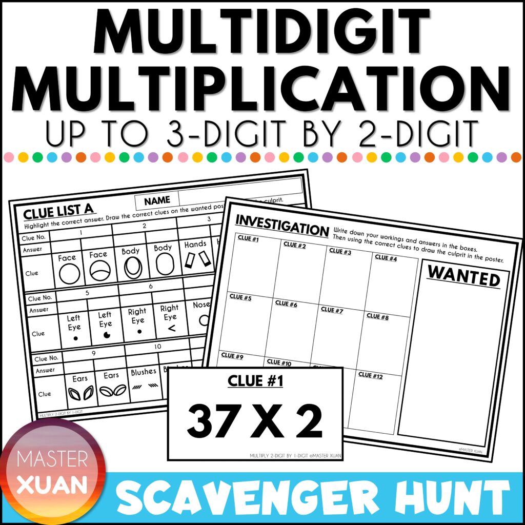 Multidigit multiplication up to 3 digit by 2 digit -reindeer themed scavenger hunt.