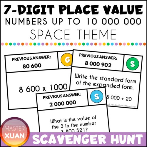 Place Value 7 digits scavenger hunt with space theme has 3 differentiation options!