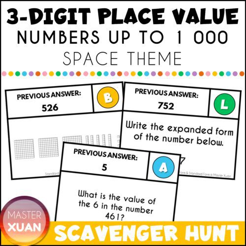 Place Value 3 digits scavenger hunt with space theme has 3 differentiation options!