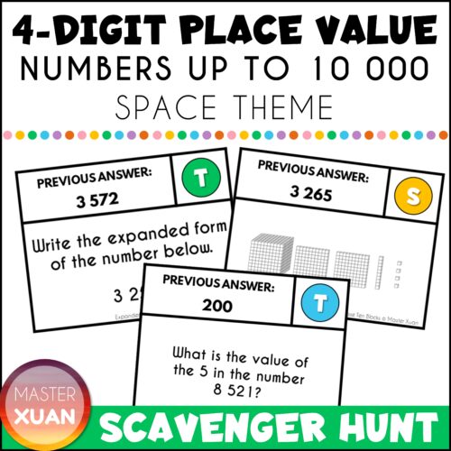 Place Value 4 digits scavenger hunt with space theme has 3 differentiation options!