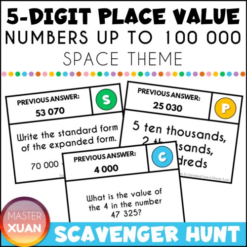 Place Value 5 digits scavenger hunt with space theme has 3 differentiation options!