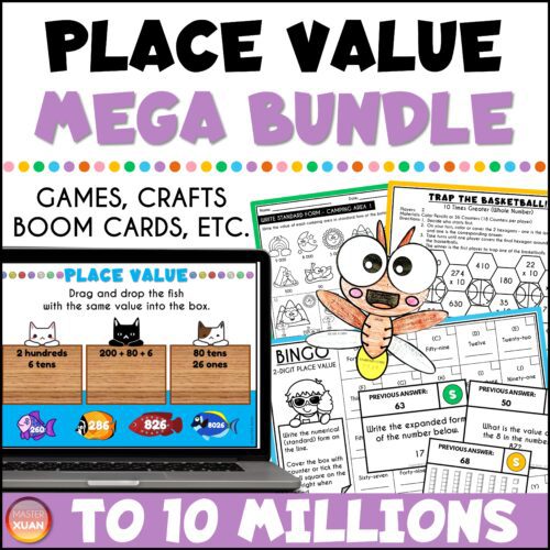 Place Value Activities - Mega bundle includes hands on activities, boom cards (digital task cards), worksheets, activity sheets, scavenger hunts, games.