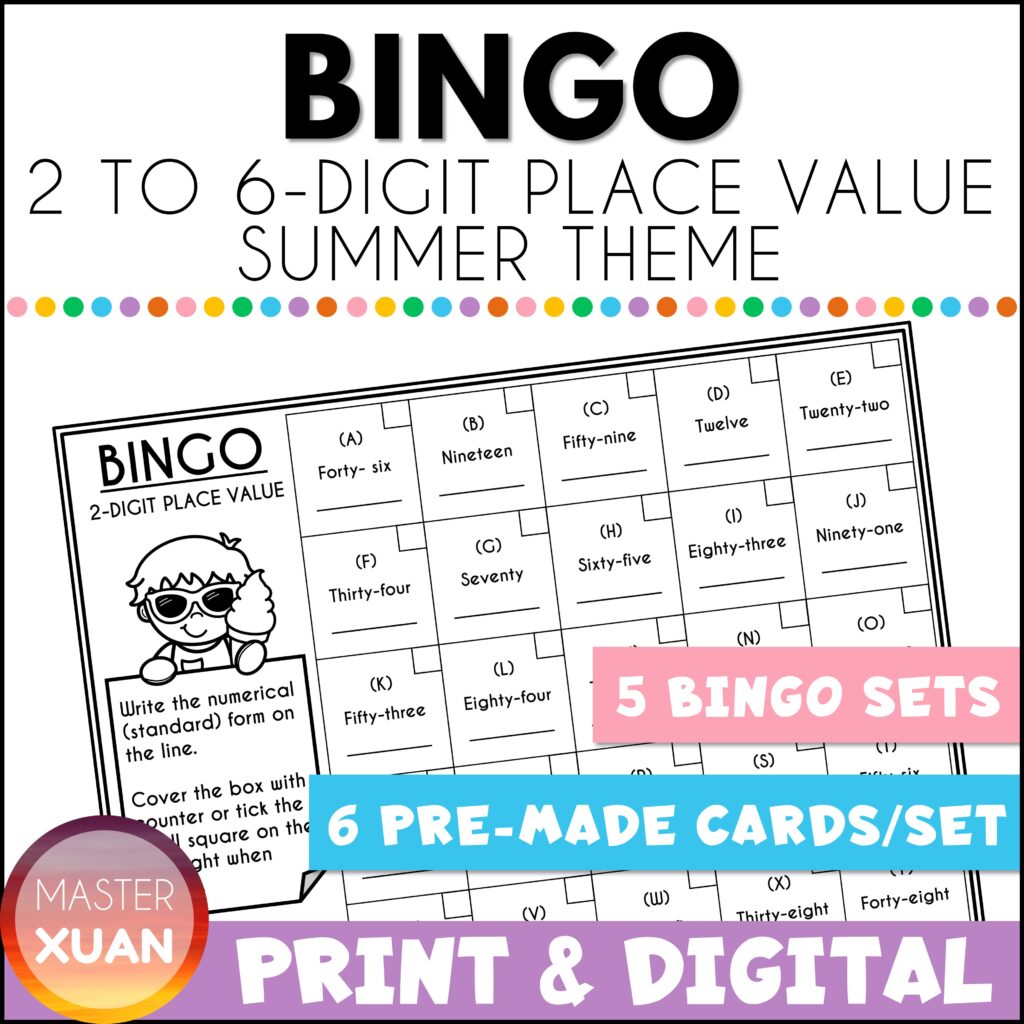 Place value bingo game with a summer theme let students practice 2 to 6-digit place value while having fun!