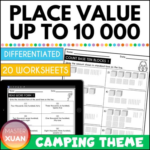 Place Value to 10 000 worksheets with a camping theme that makes it great for summer!