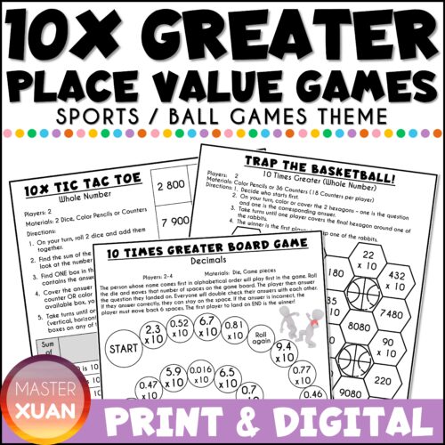 Ten times greater place value board games with sports / ball games theme are available in print and digital.
