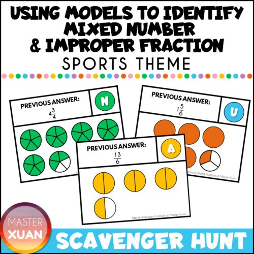 fraction scavenger hunt - using models to identify mixed number and improper fraction with sports theme.