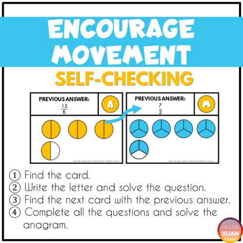 Improper fractions to mixed numbers game encourage movement and self-checking.