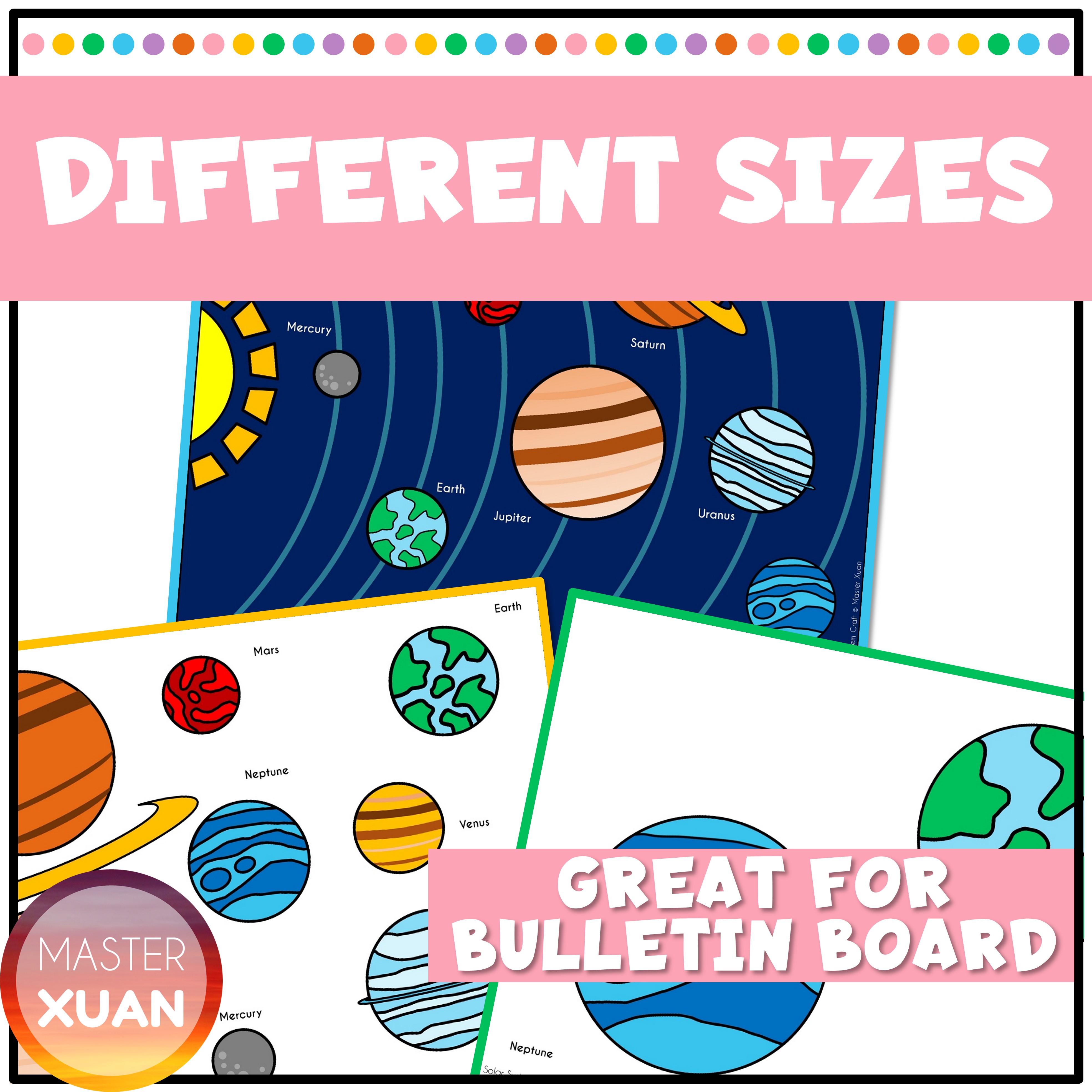 Planet crafts for elementary comes with different sizes and color templates.