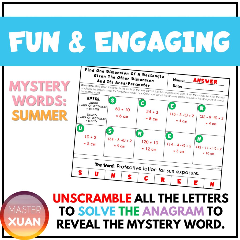 Area and perimeter fun activities have summer theme anagram word for students to unscramble.