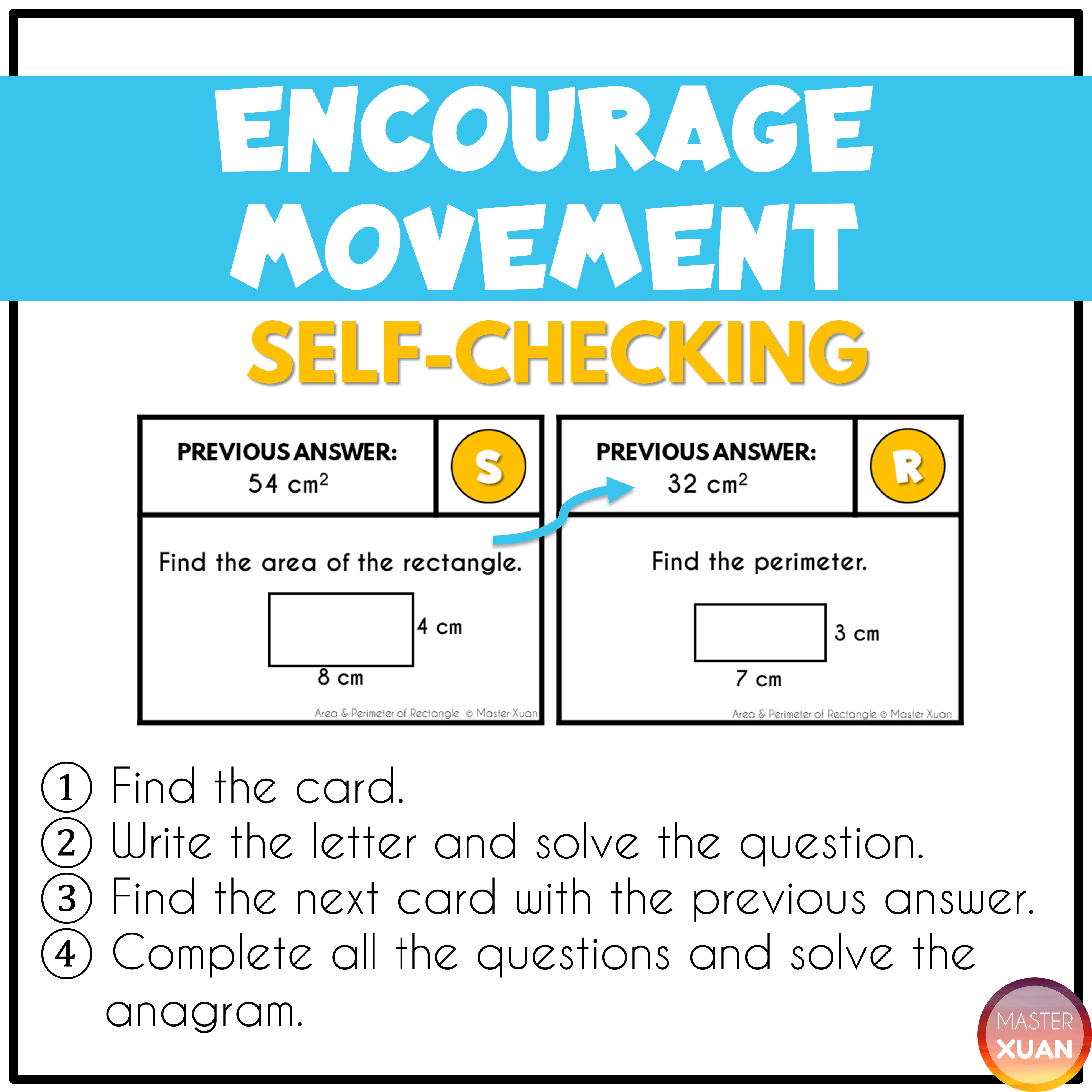 Area and perimeter scavenger hunt enncourage movement and is self-checking.