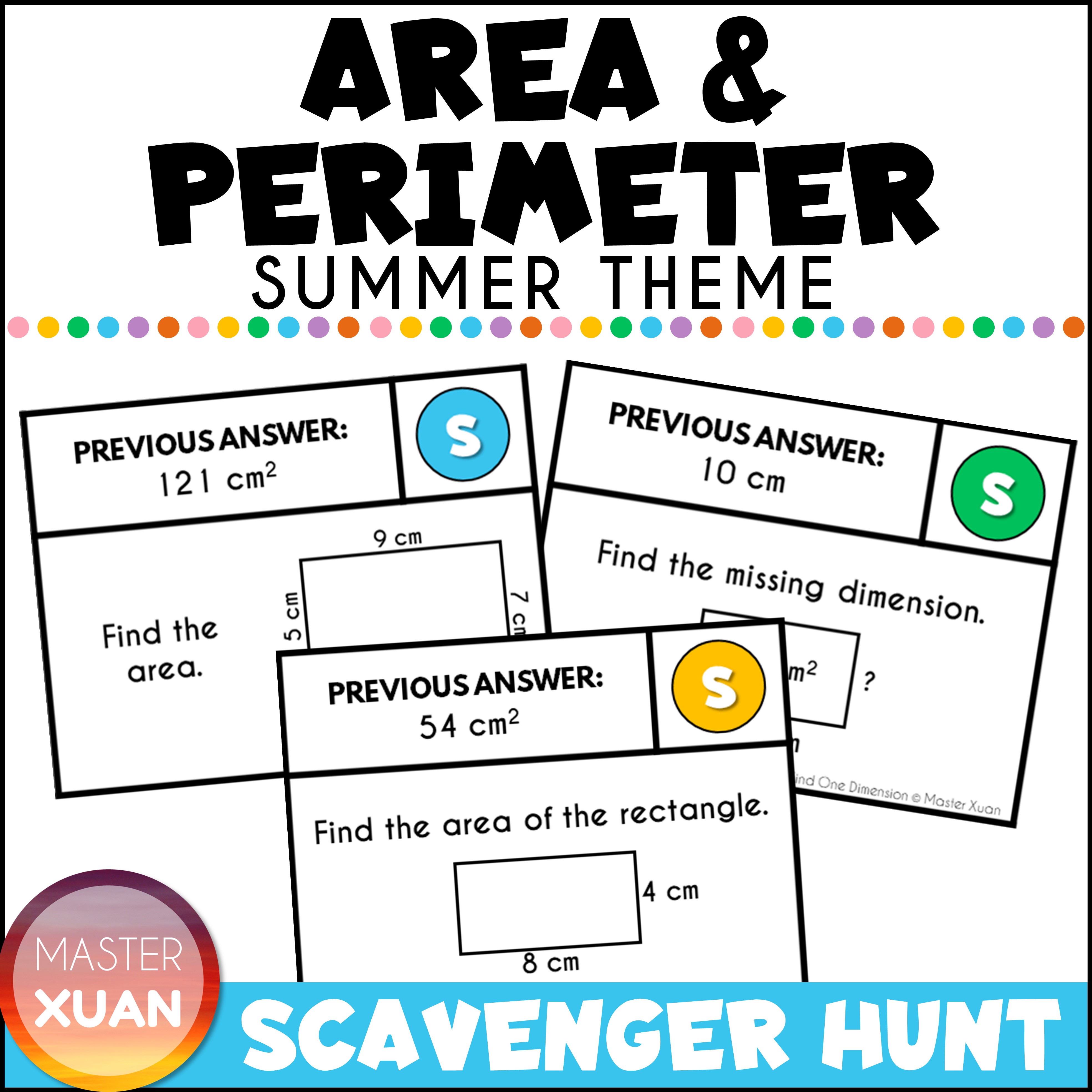 Area and perimeter scavenger hunt is of summer theme.