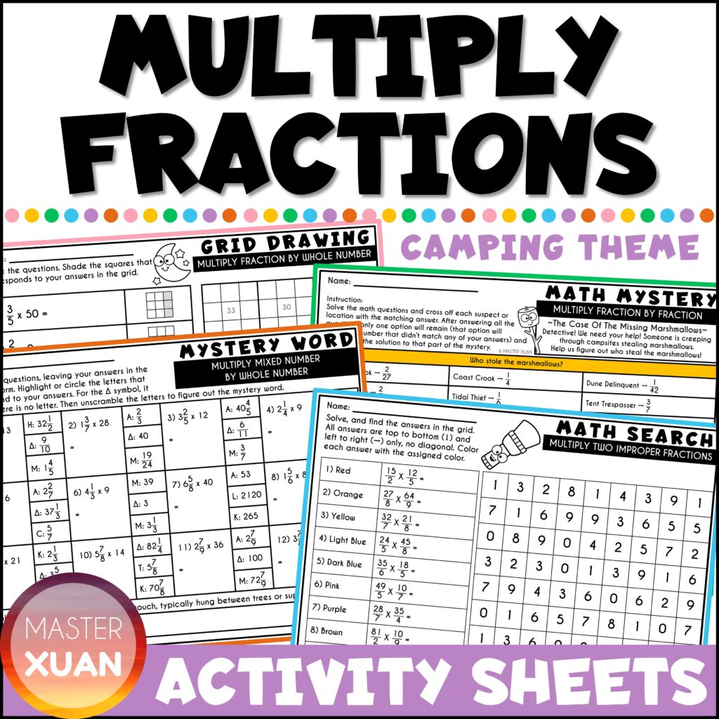 Multiplying fractions worksheet is fun and engaging with these 4 different activity sheets.