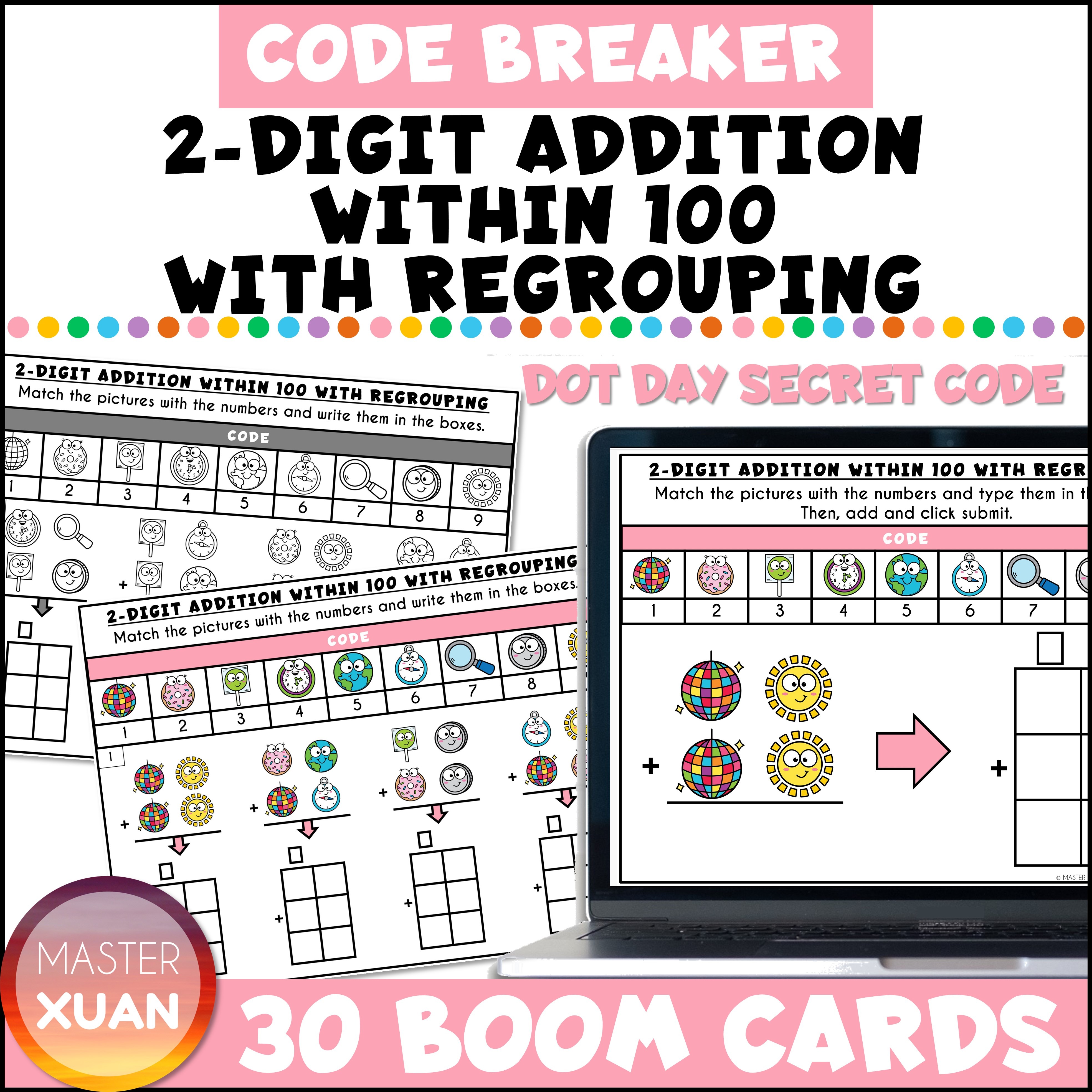 Dot Day secret code let your students practice 2-digit addition within 100 with regrouping.