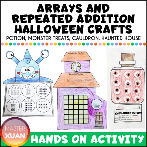 Arrays and repeated addition halloween crafts include potion, haunted treats, cauldron, and haunted houses.