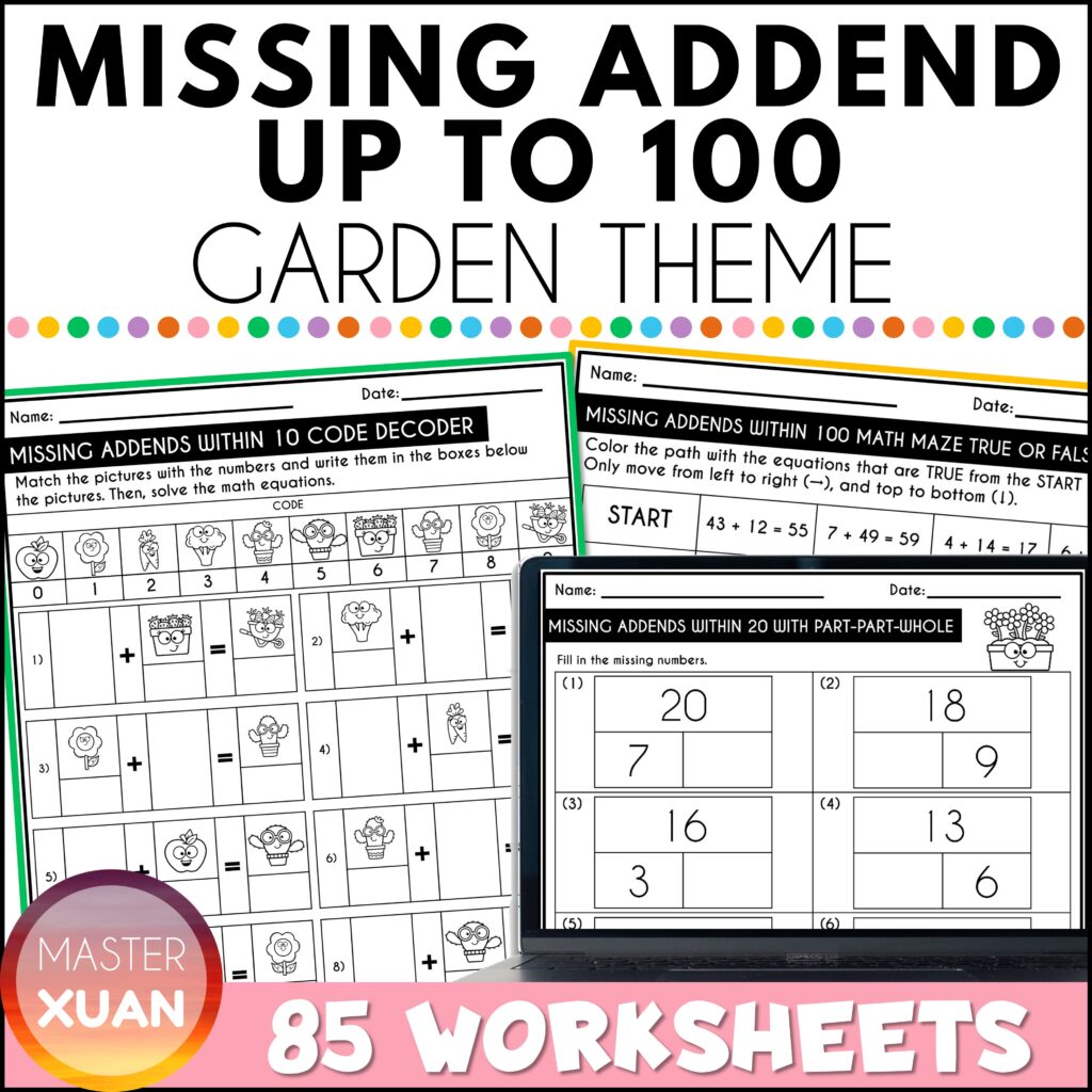 Missing addend worksheets up to 100 with garden theme.