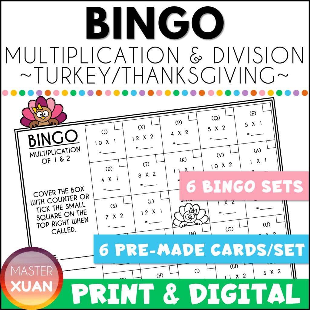 Division and Multiplication Bingo Game, A Thanksgiving Math Games, Turkey Theme