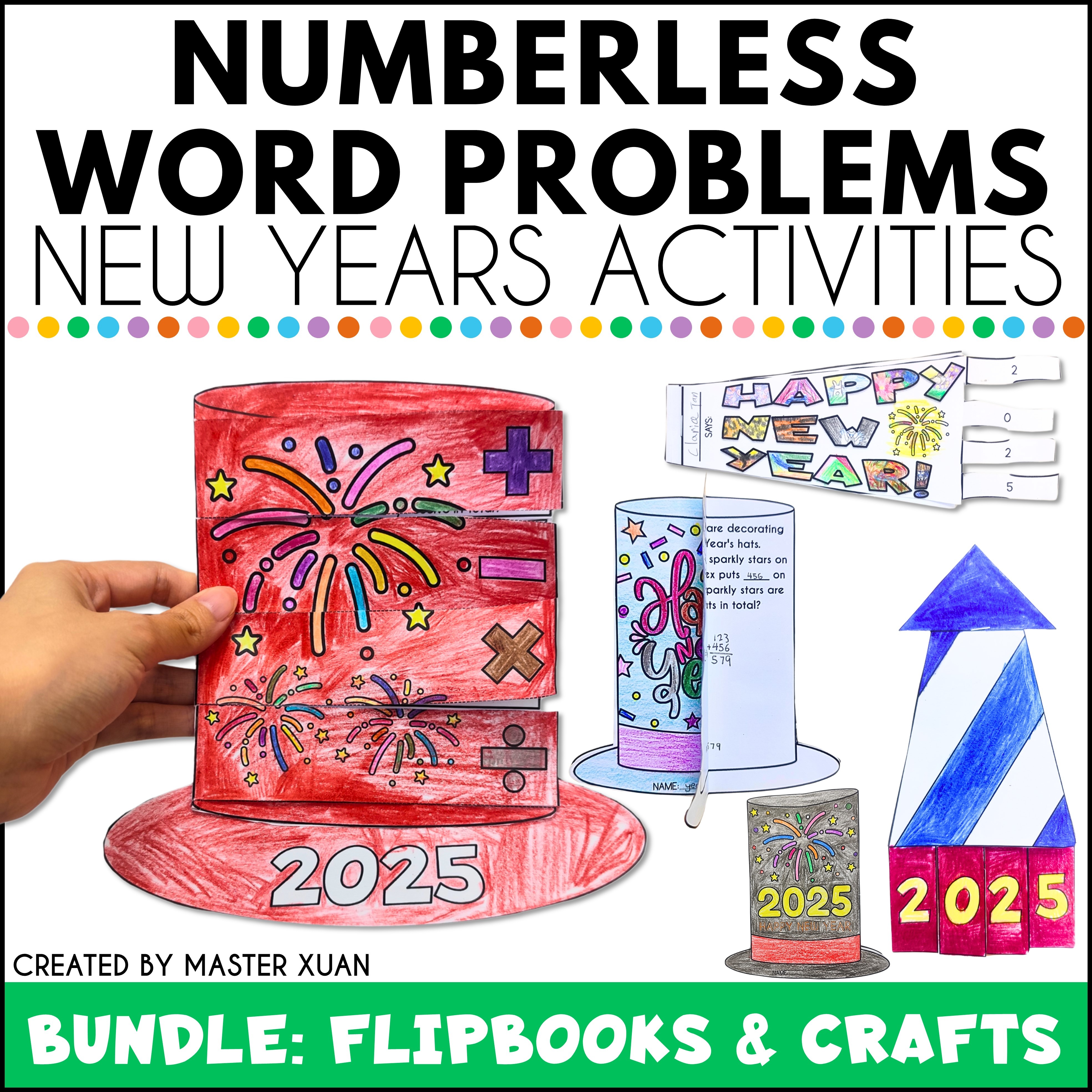 New Year Craft Printable Bundle let students practice number word problems as they create 4 different paper crafts.