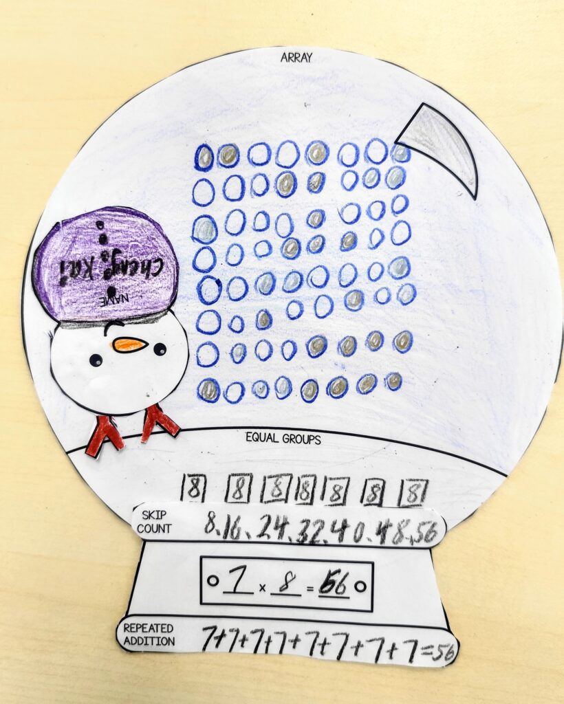 Array and repeated addition with upside down snowman inside the snow globe. 