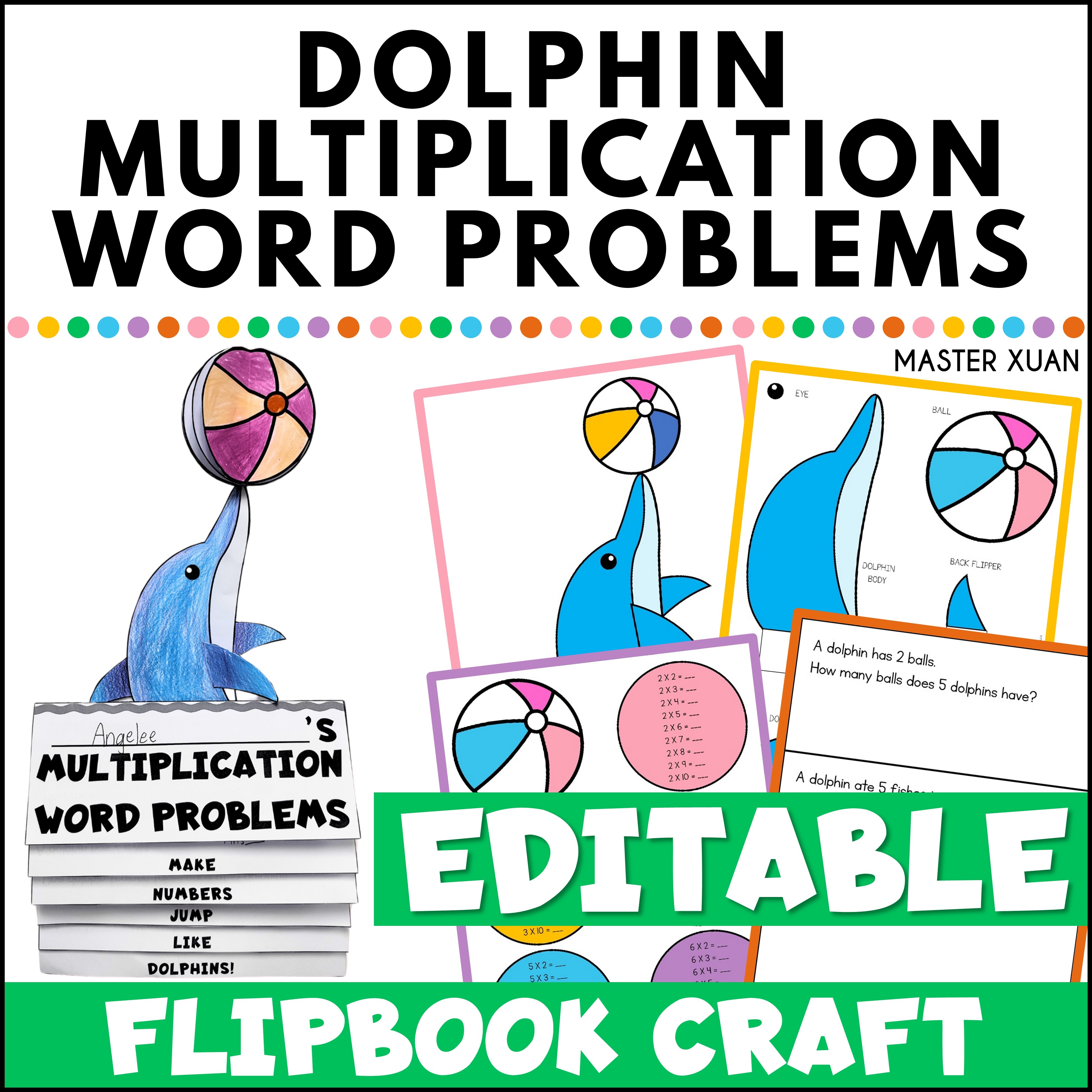 Dolphin flipbook craft enable math students to practice multiplication word problems.