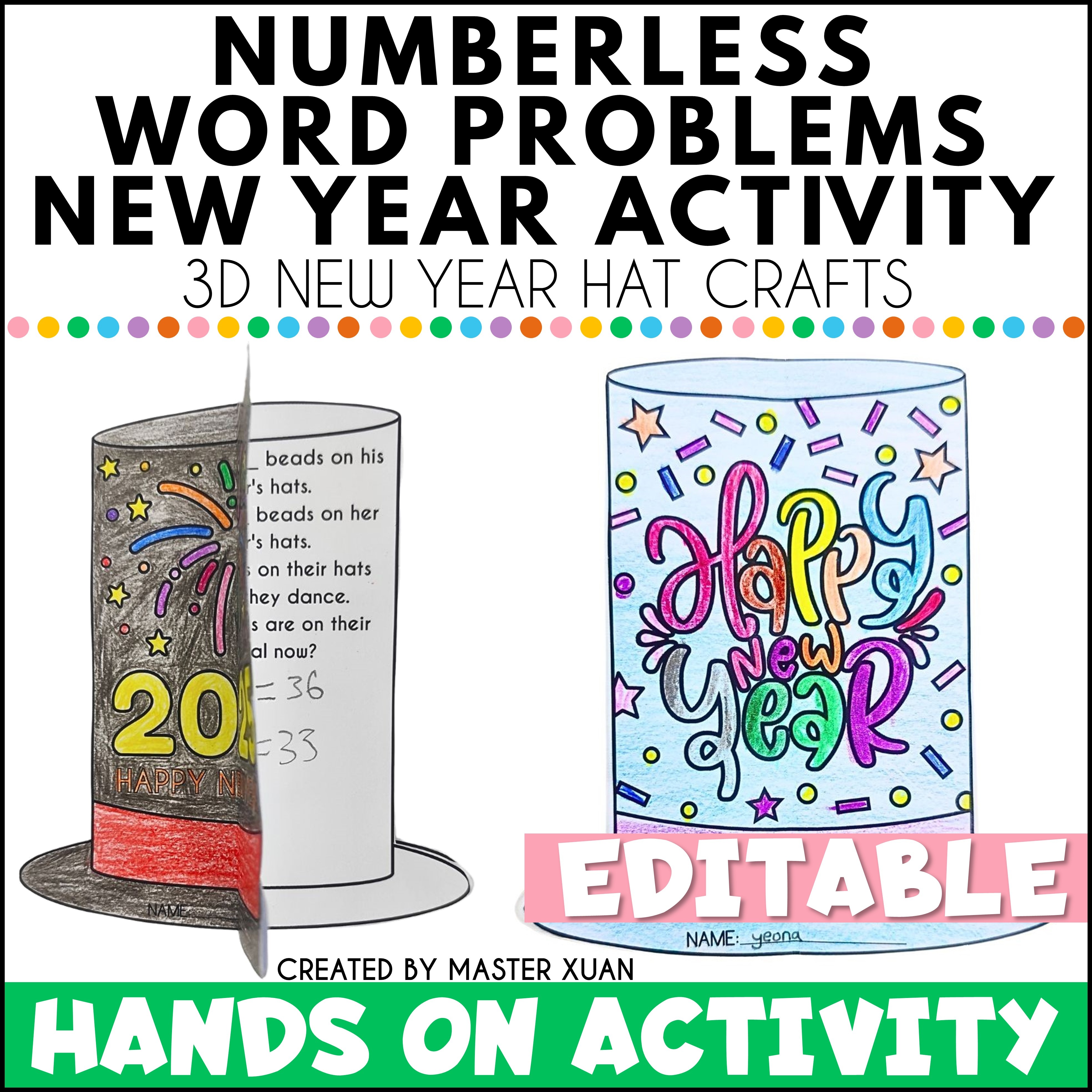 One, Multi Step Numberless Word Problems New Years 3D Paper Hat Crafts 