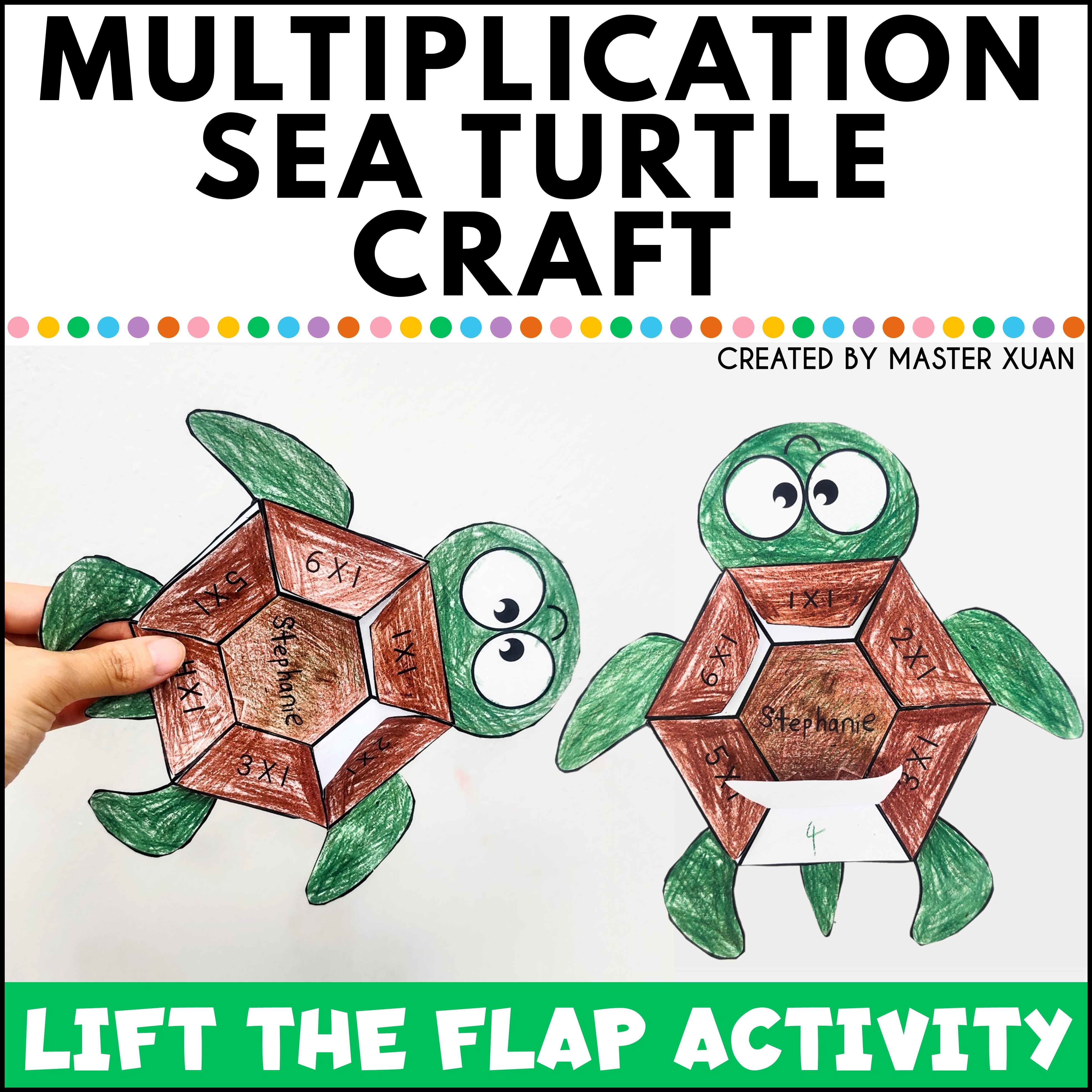 Sea turtle craft enable math students to practice multiplication math facts.