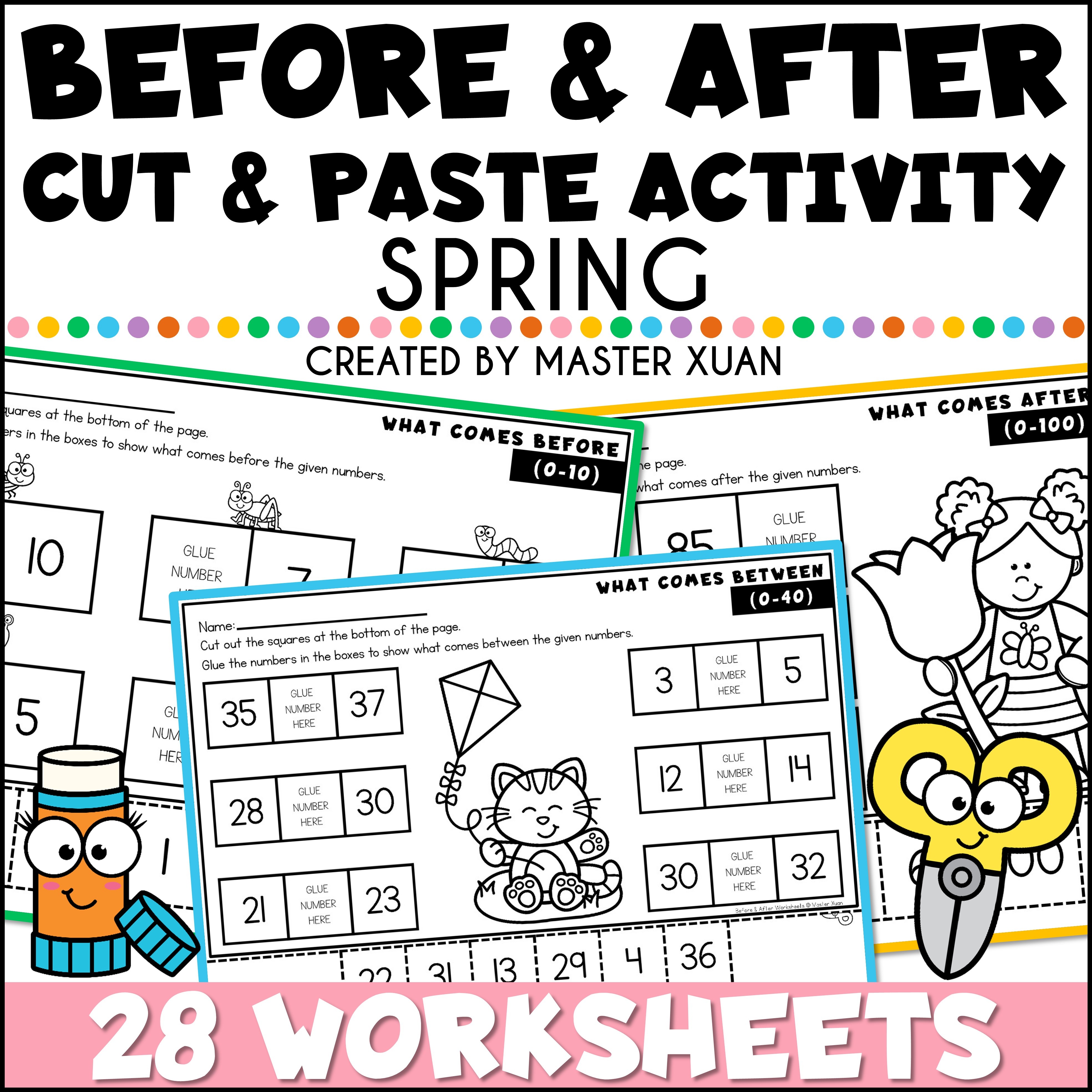 Before and after number workssheets is a cut and paste activity contains 28 worksheets for spring.