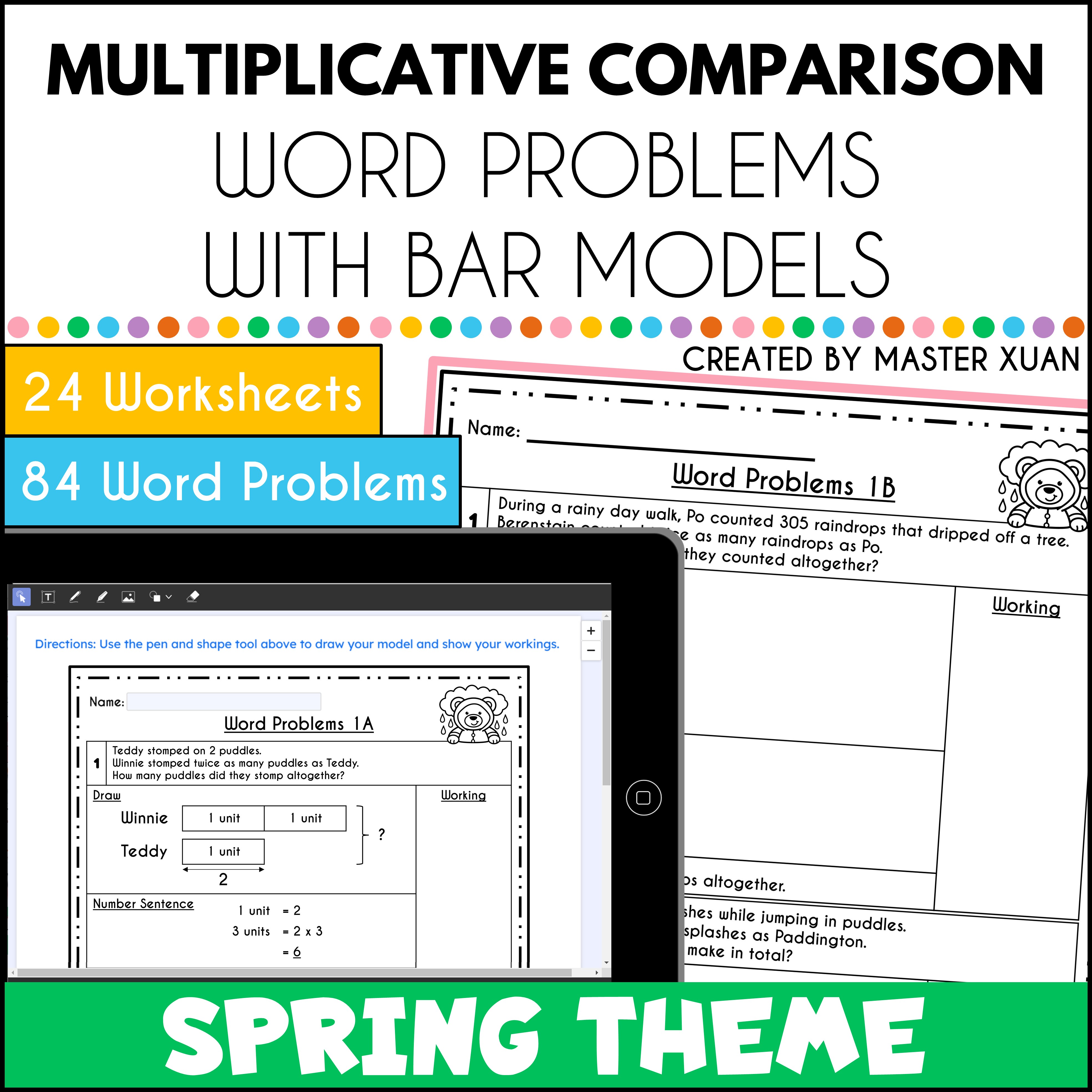 Multiplicative Comparison Word Problems Worksheets For 4th Grade Students To Use In Spring.