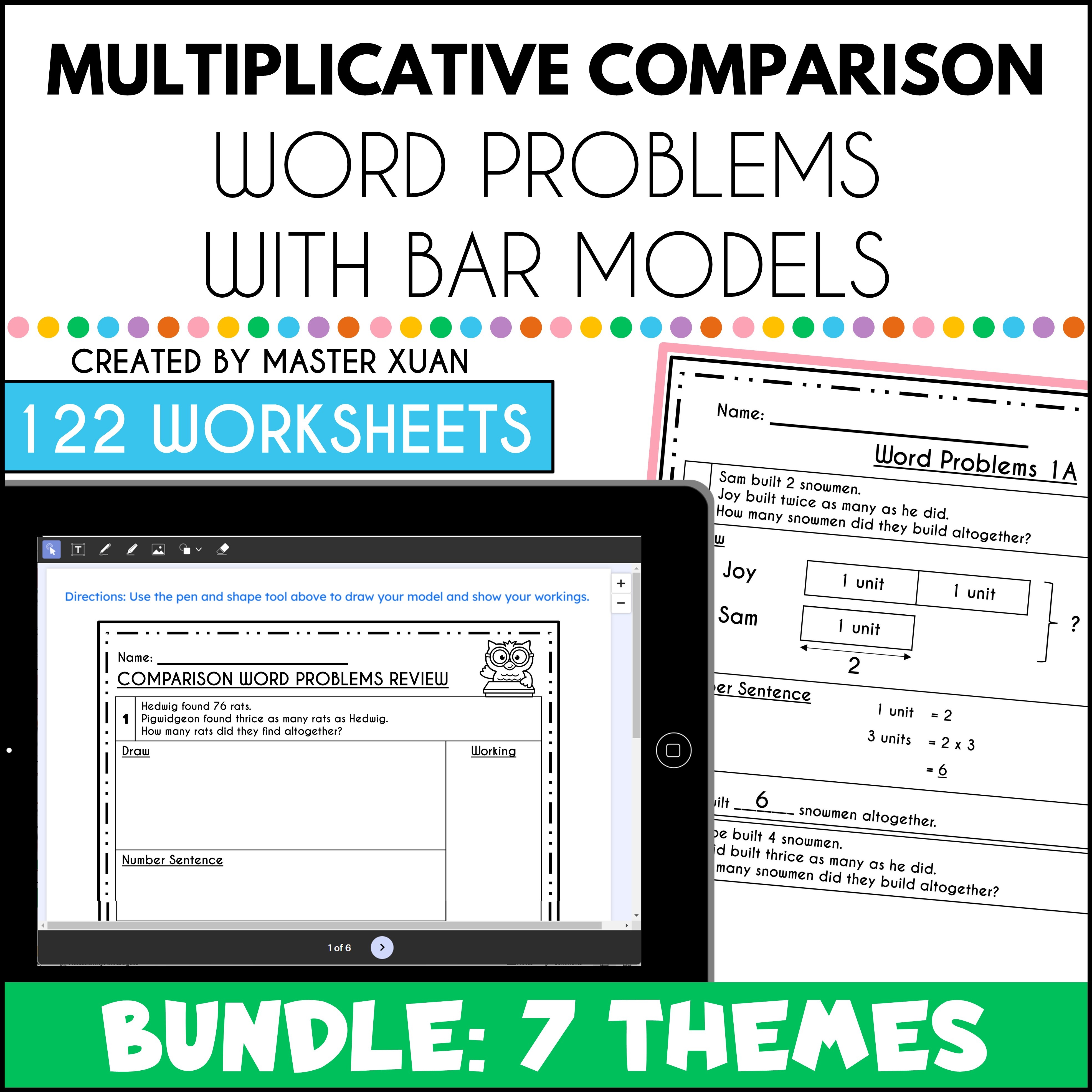 Comparison model word problems worksheets bundle include 7 themes.