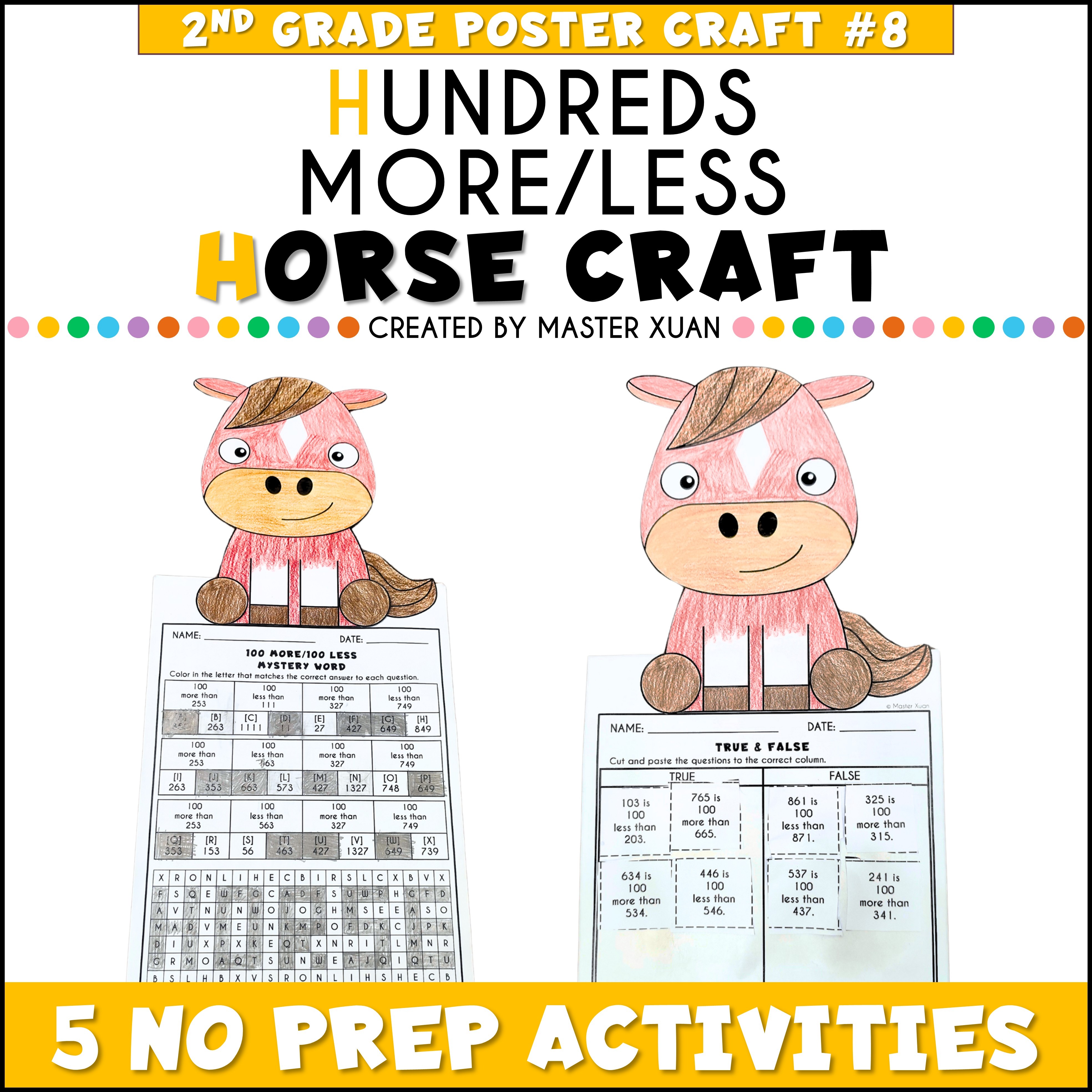 100 more and 100 less worksheets with horse craft topper.