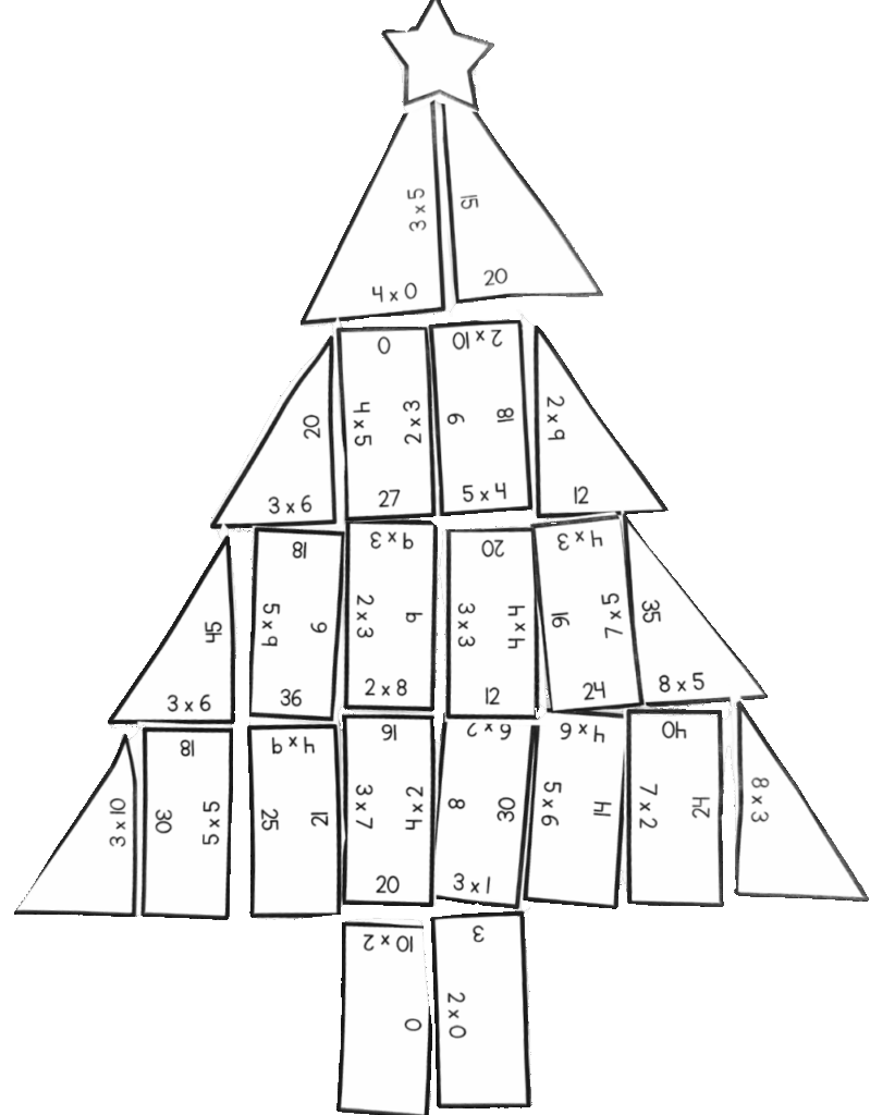 Multiplication Christmas Tree printed with black ink on white paper.
