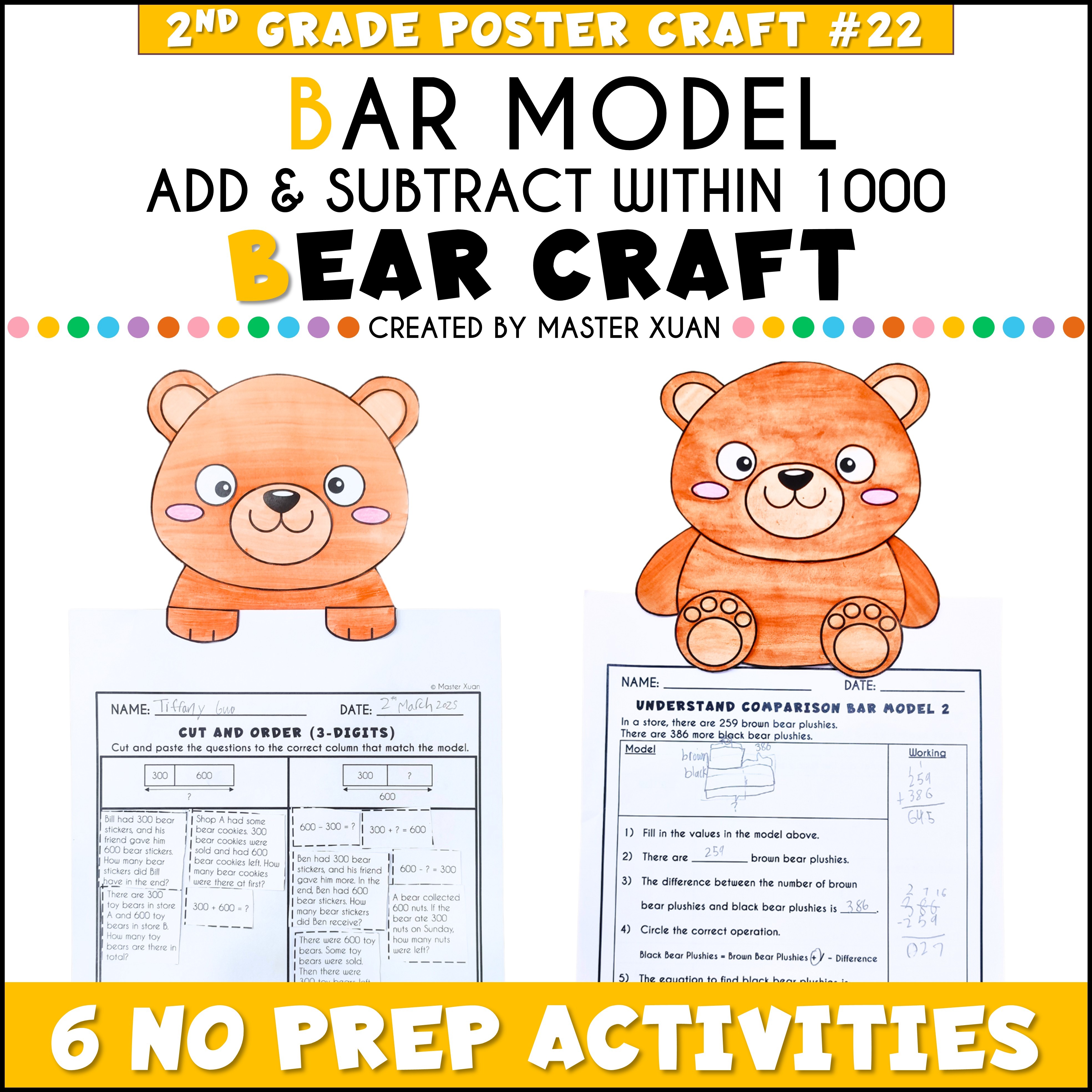 Bar model addition and subtraction worksheets with bear craft.