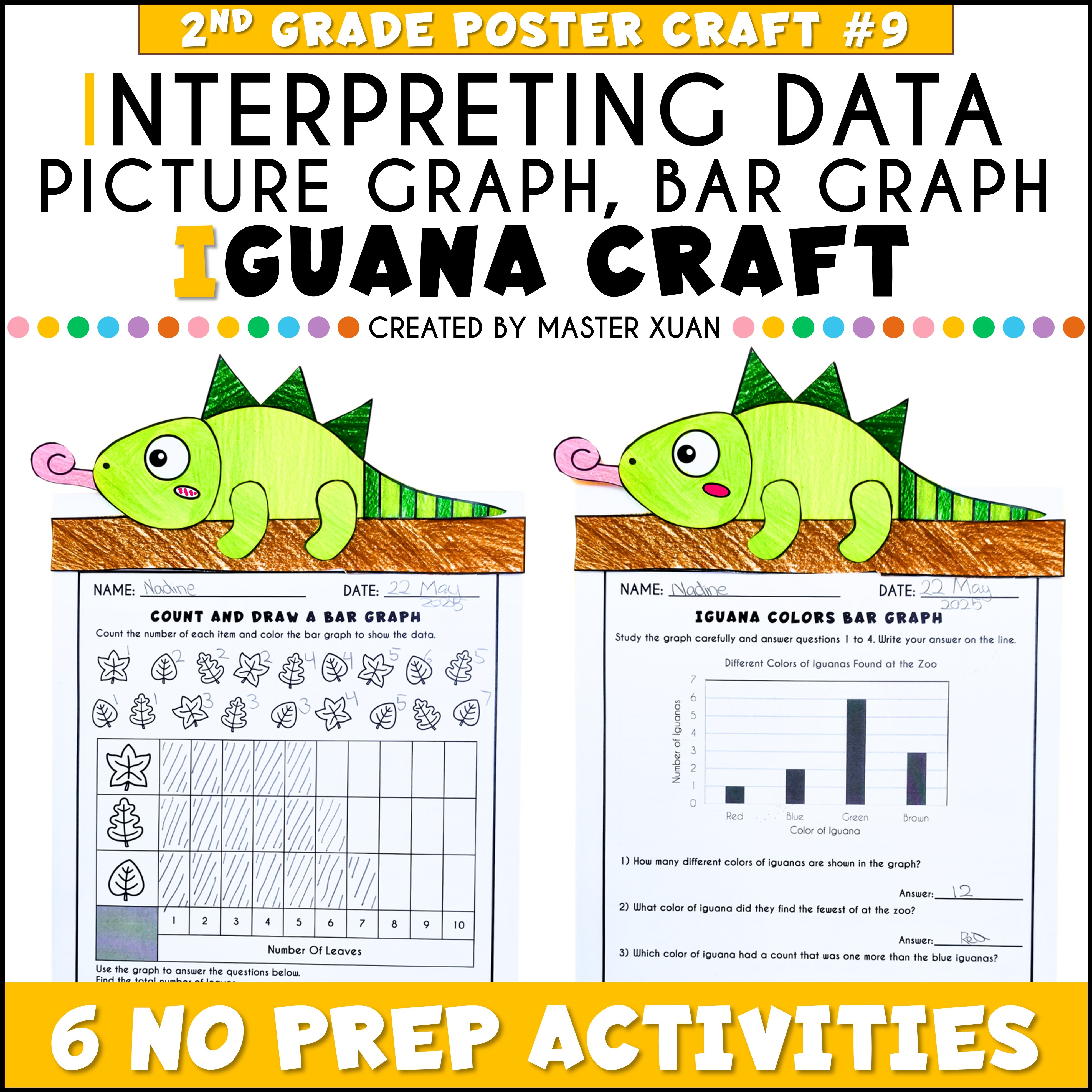 iguana craft that let 2nd grade students practice interpreting data, picture graph, bar graph.