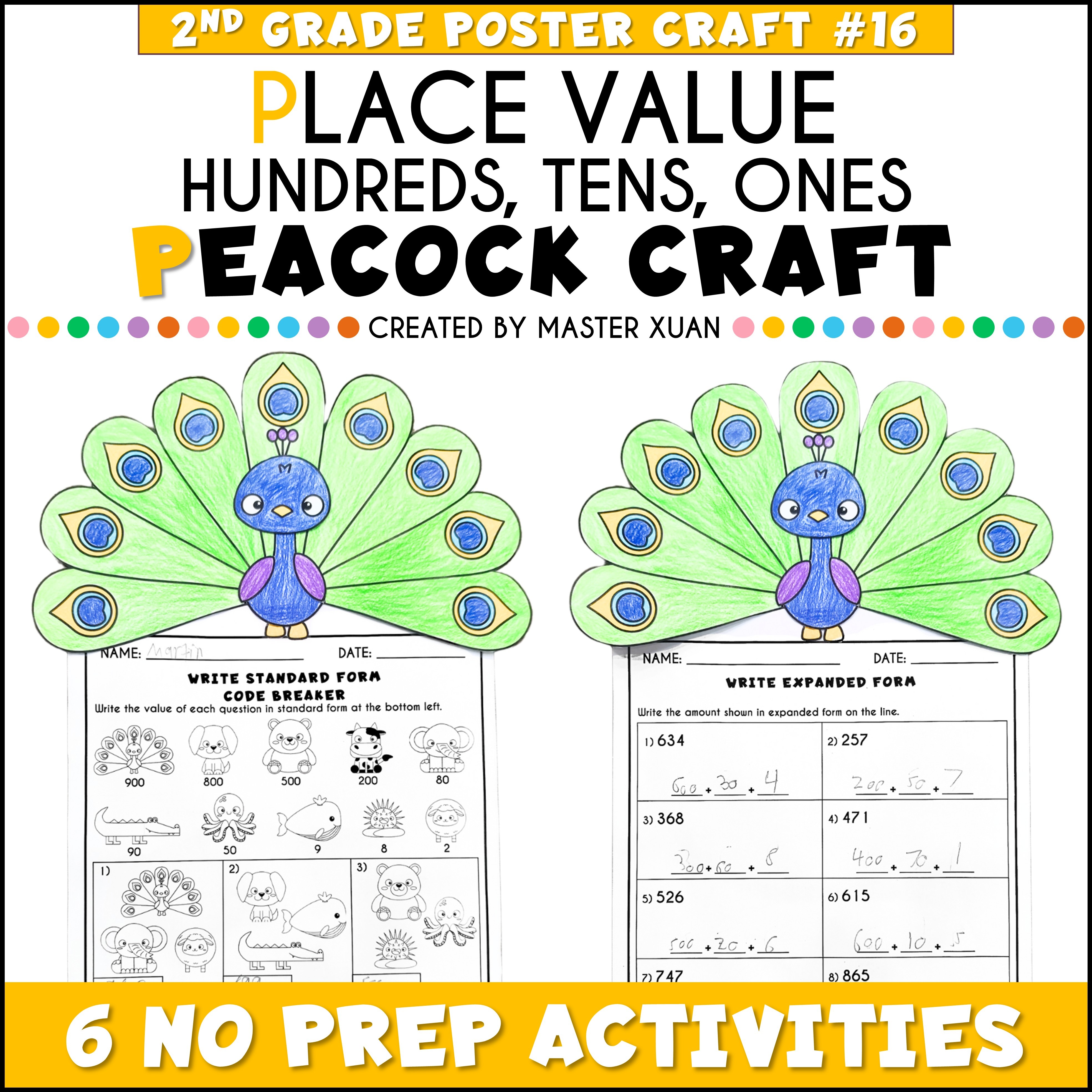 Peacock craft that let students to practice place value with 6 no prep activities.