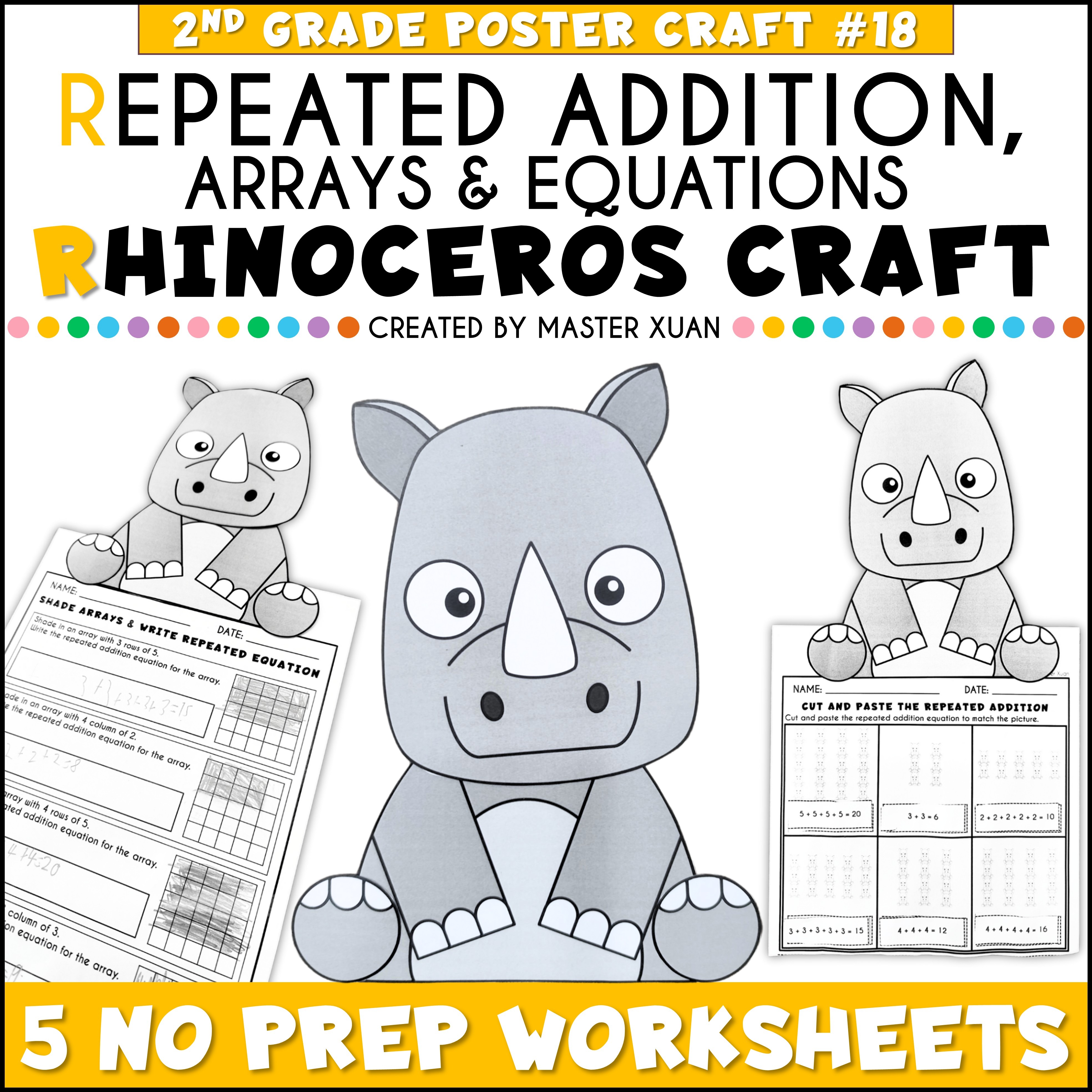 Repeated addition worksheets with rhinoceros craft.
