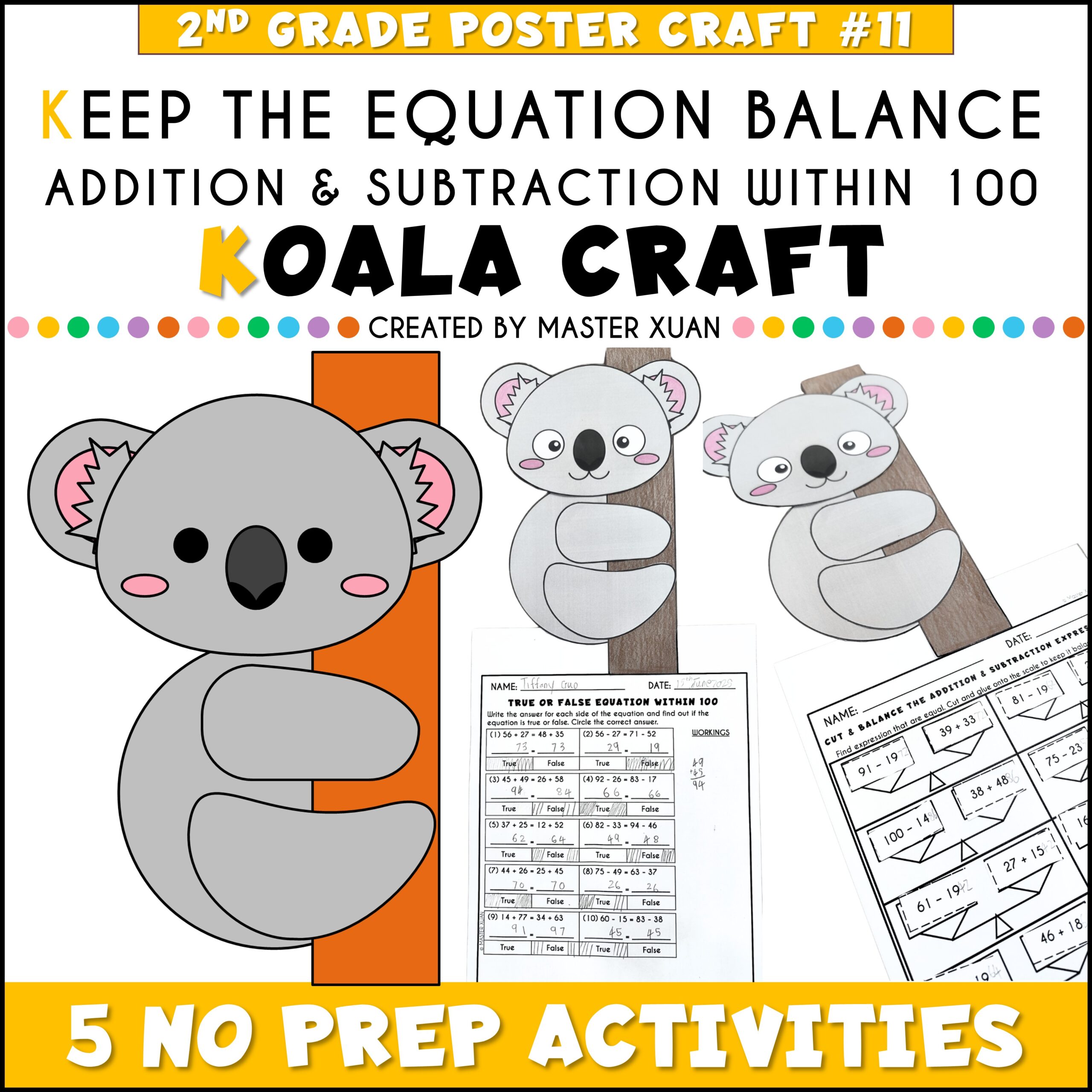 Solving one step equations with addition and subtraction with Koala craft.