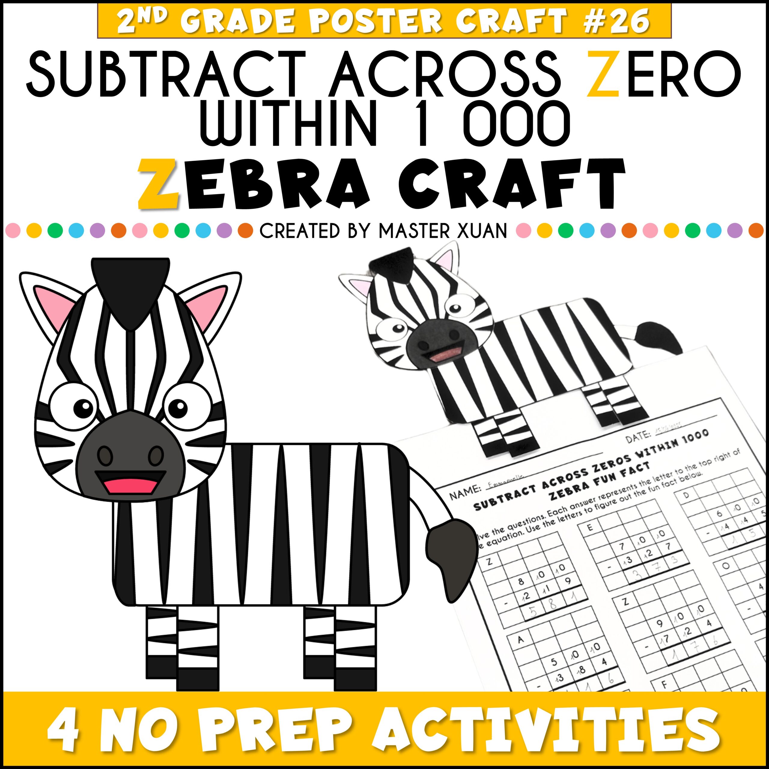Subtracting across zeros worksheet Zebra craft.