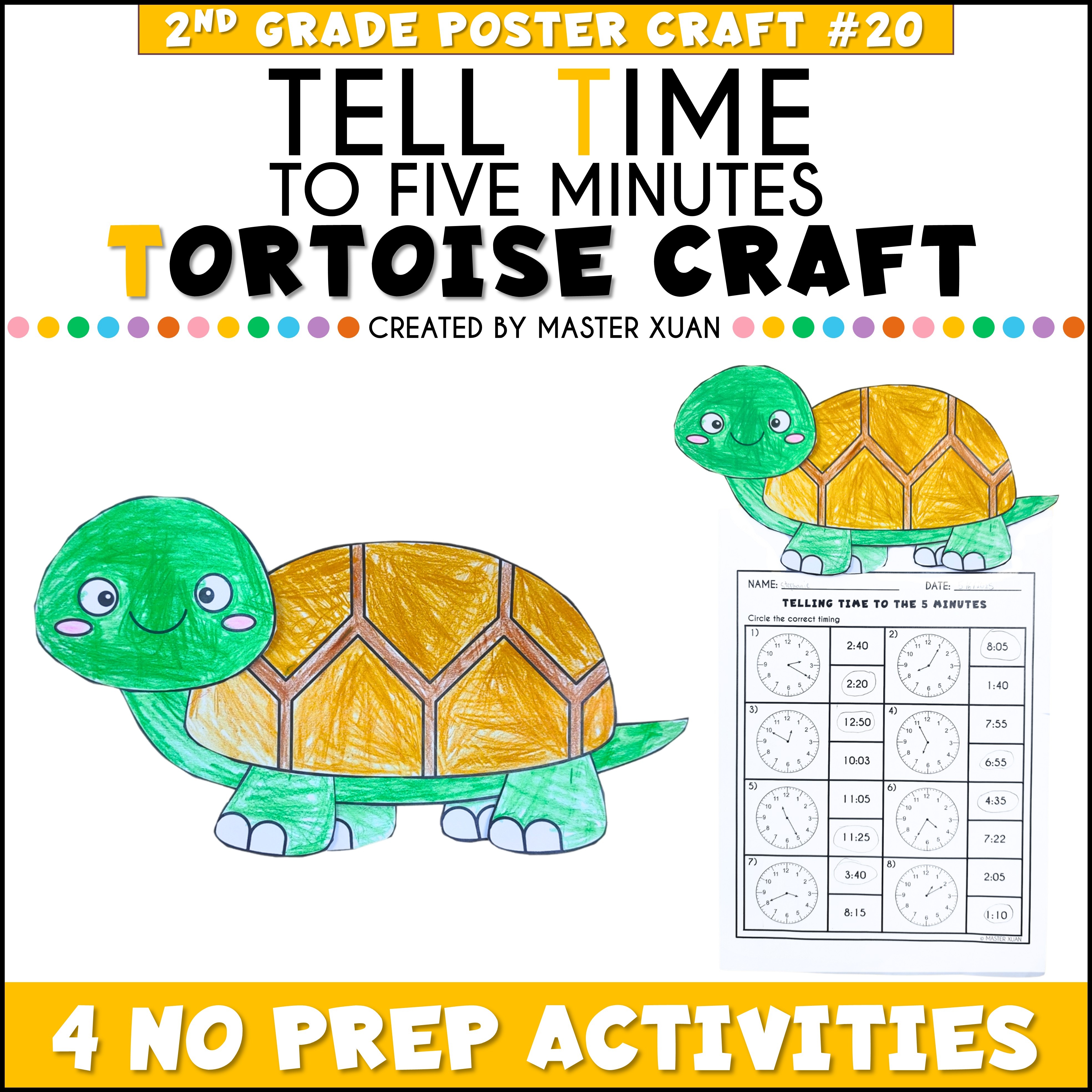 Telling time to 5 minutes activities with tortoise craft.