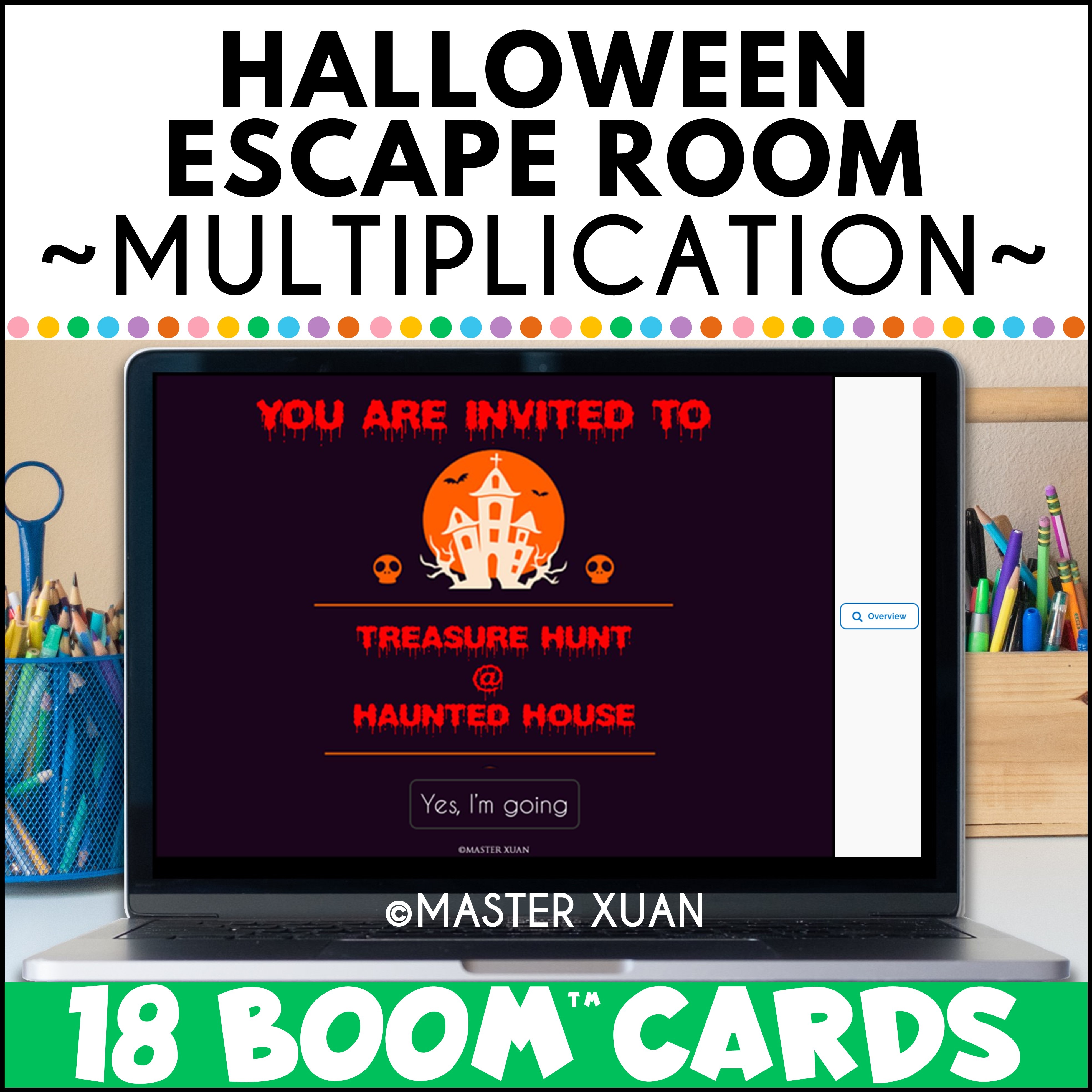 Halloween math escape room, 18 boom cards to practice multiplication