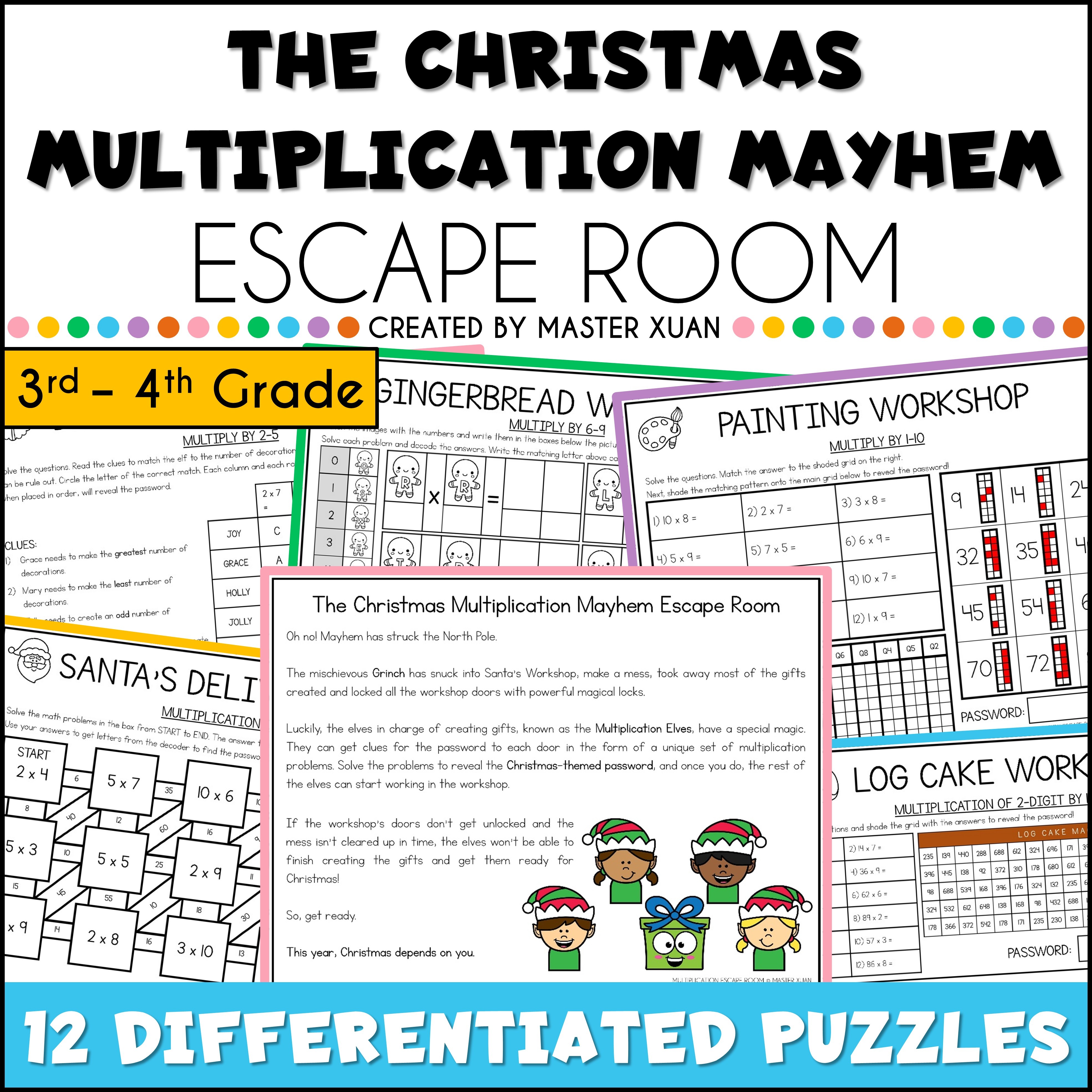 Christmas Multiplication Escape Room for  grade 3 and 4.