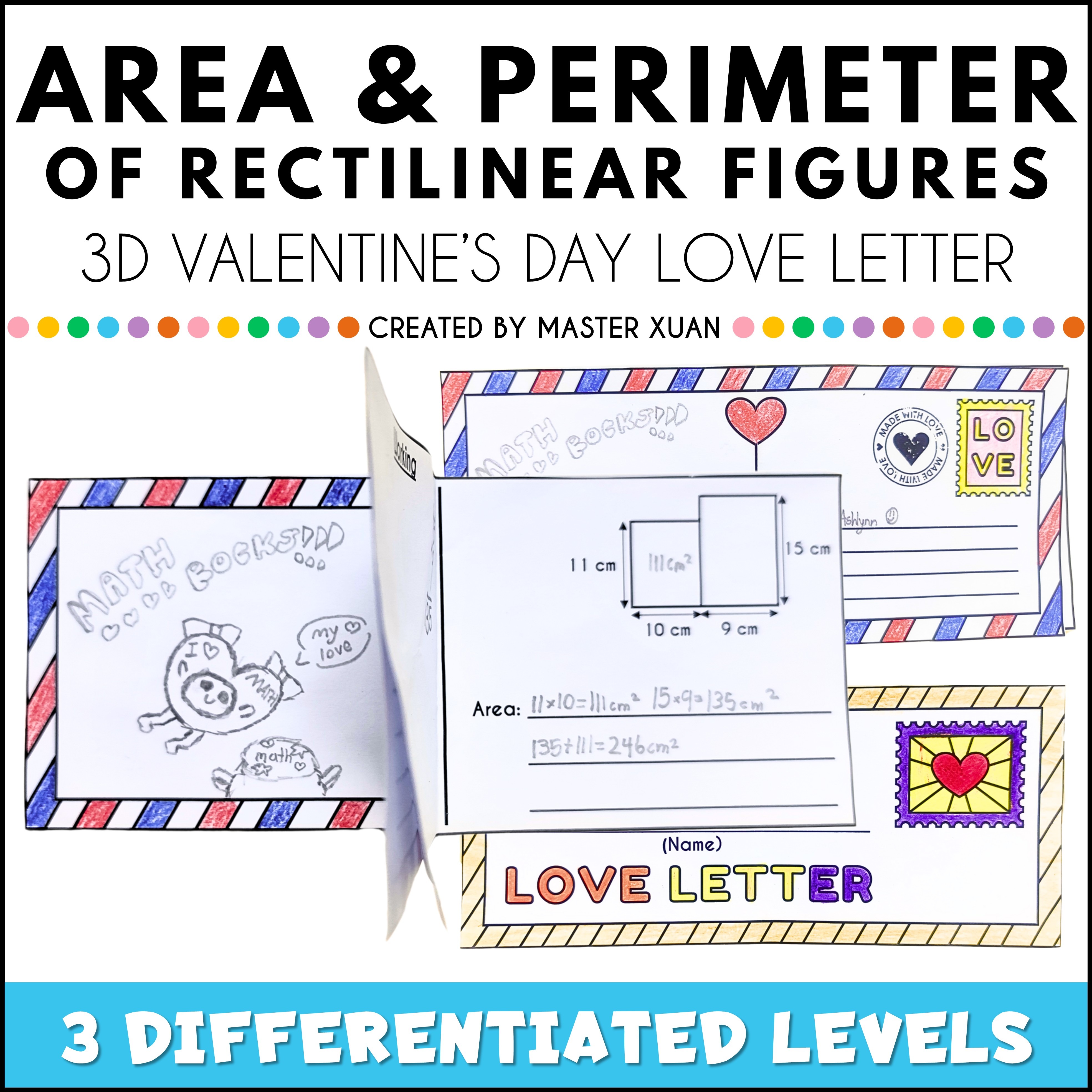 3D love letters craft for students to practice area and perimeter of rectilinear figure.