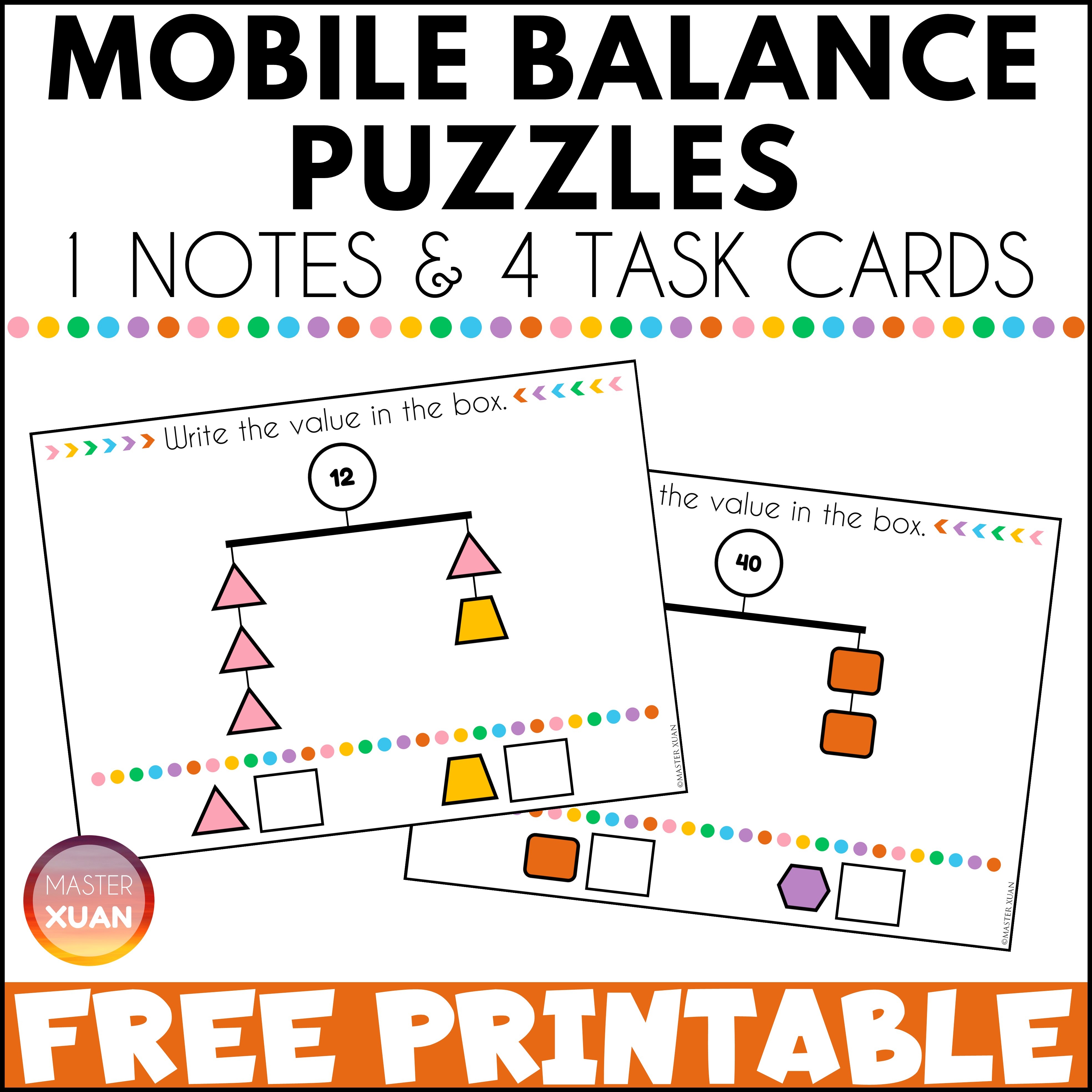 mobile balance puzzles printable freebie include 1 note and 4 task cards