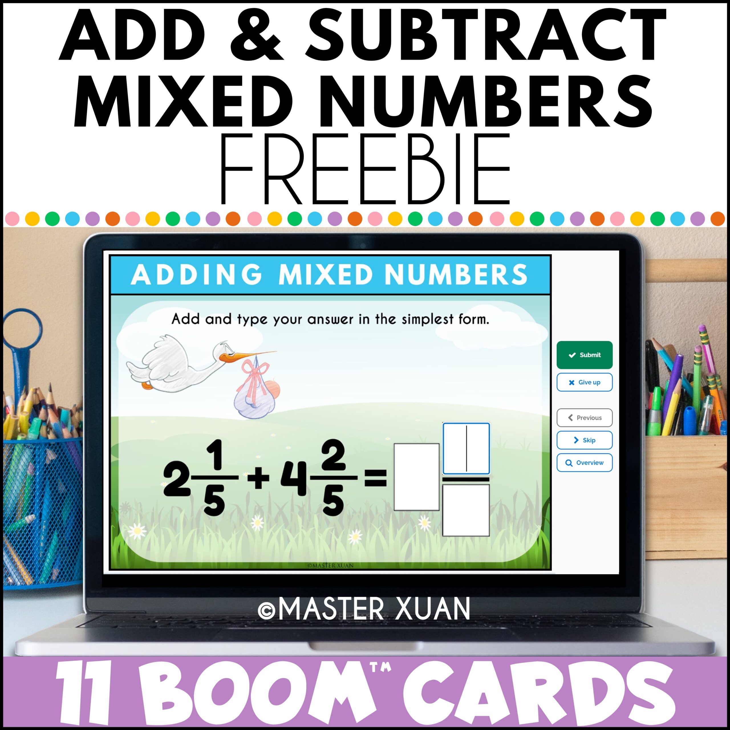 Adding subtracting mixed numbers freebie has 11 boom cards.