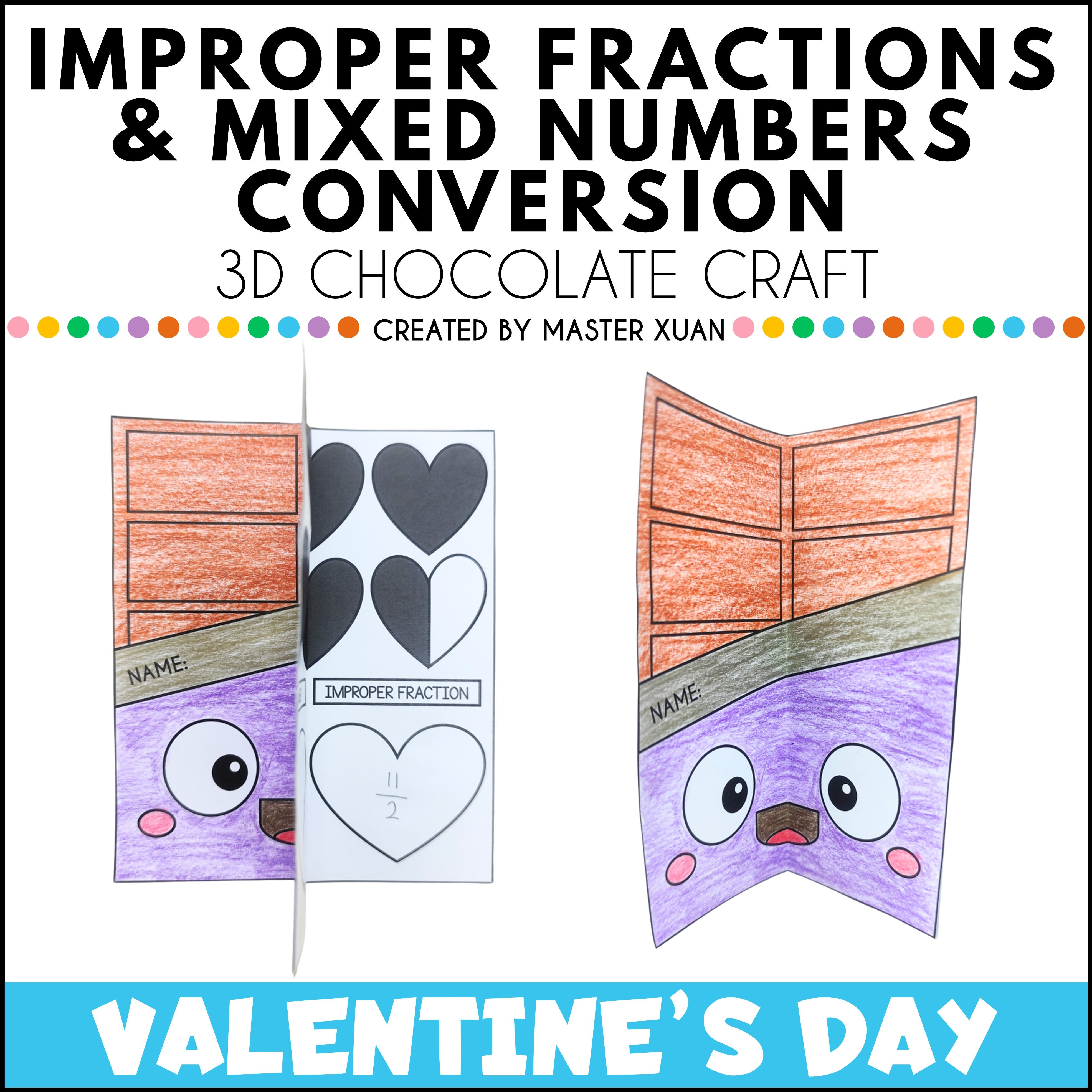 Improper fractions to mixed numbers activity for valentine's day - 3D chocolate craft.