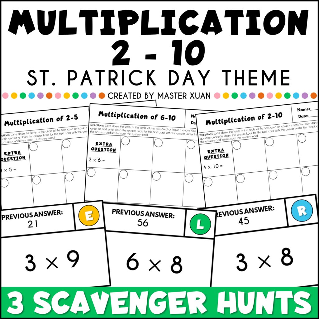 3rd Grade Math Basic Multiplication Practice Scavenger Hunt is a great addition to St. Patrick's Day math activities.
