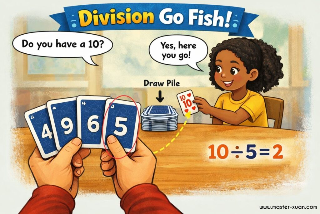 Division go fish - a student ask for a 10 from another opponent because he has a 5 to make a division equation with. 