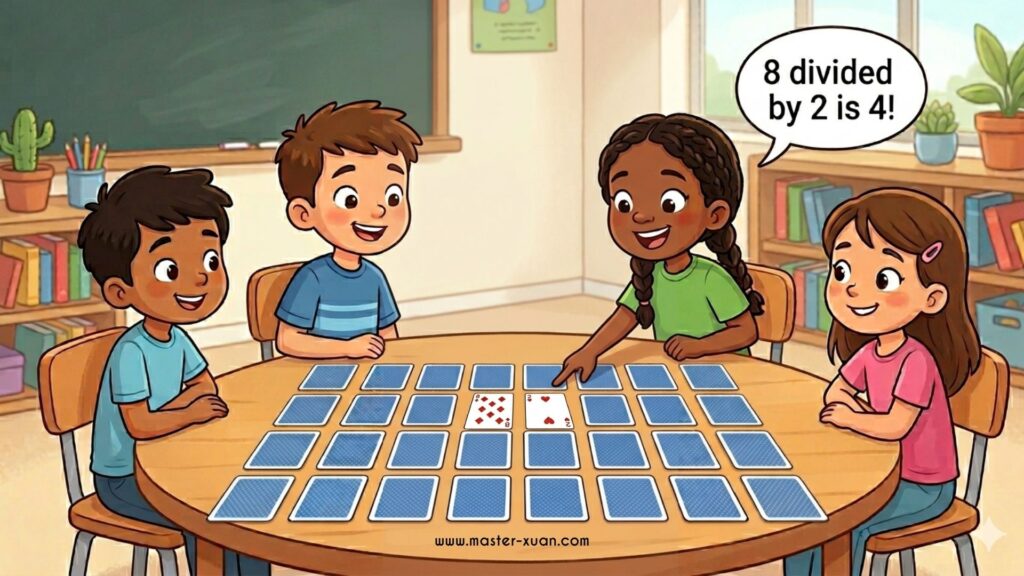 Division Memory Match is a group game. Student found 2 cards - 8 and 2, called out the equation to claim the cards. 