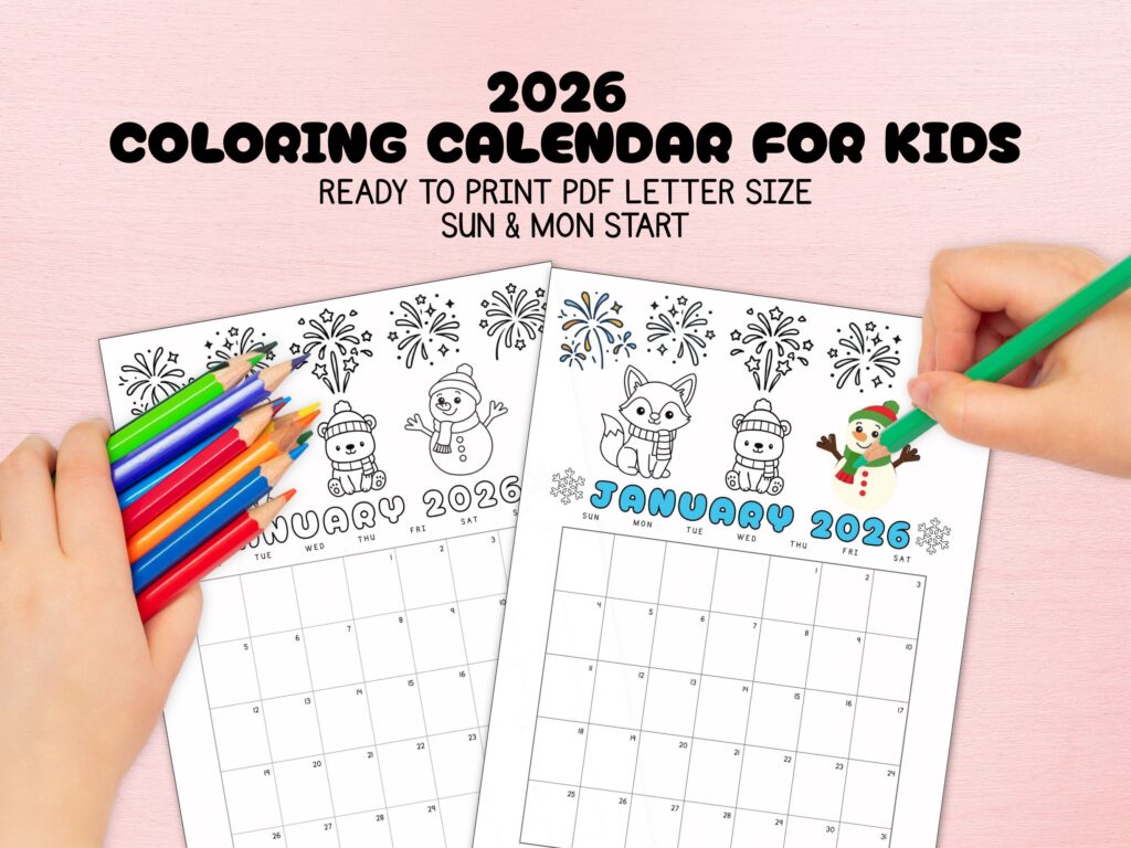 2026 coloring calendar for kids