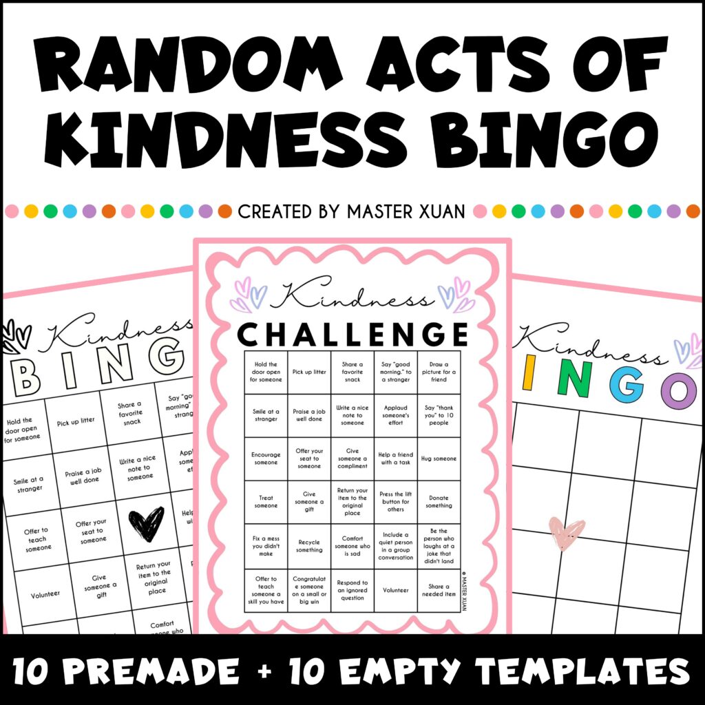 random acts of kindness bingo printable comes with 10 premade and 10 empty templates.